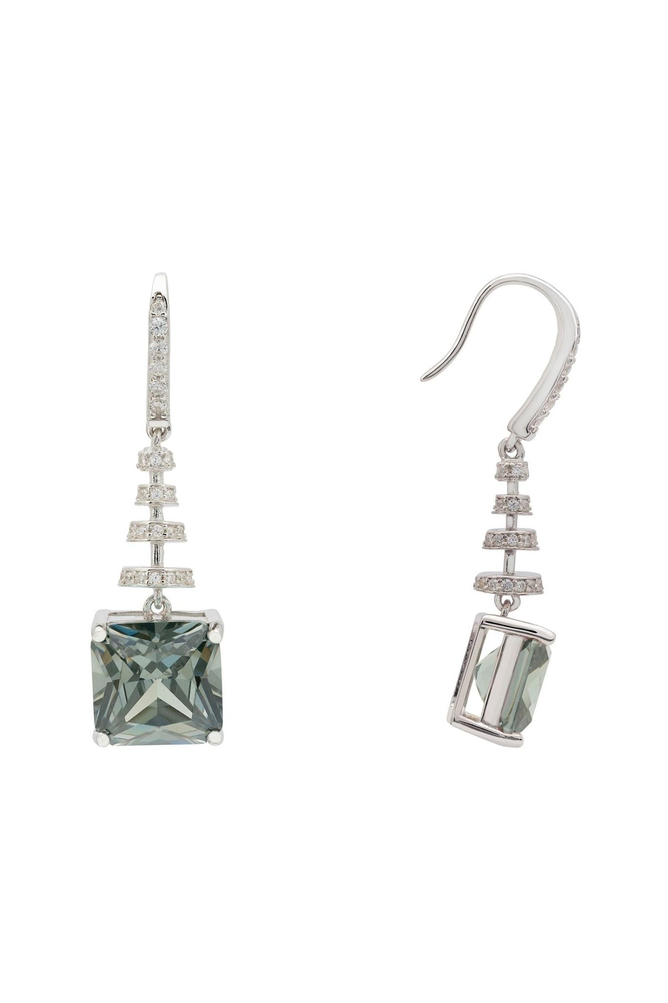 Spiral Square Crystal Drop Earrings Peridot Green Silver - LATELITA Earrings
