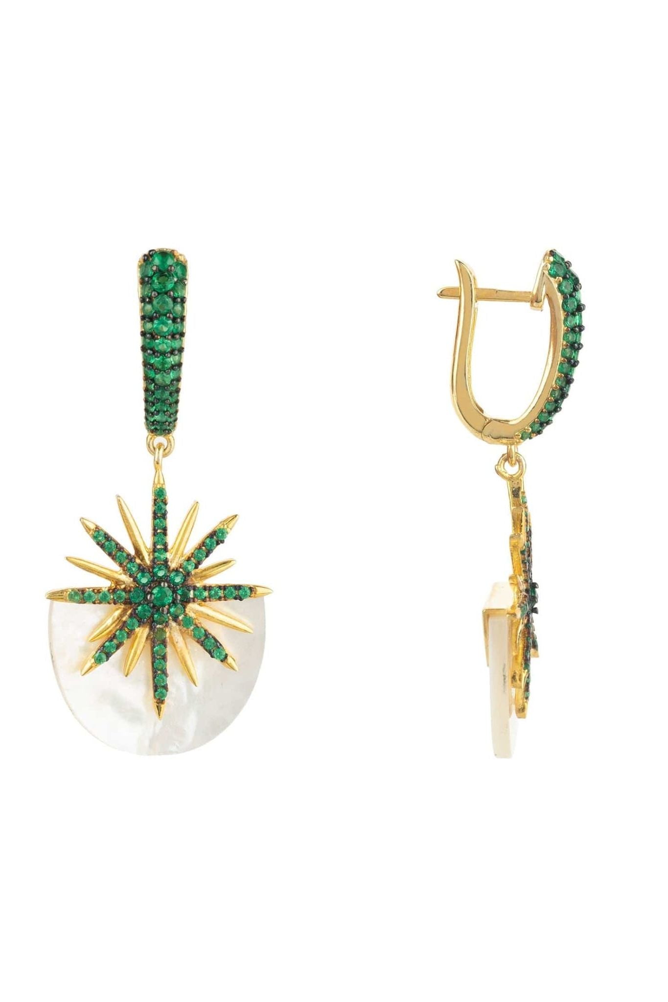 Sunburst White Mother Of Pearl Earrings Emerald Green Gold - LATELITA Earrings
