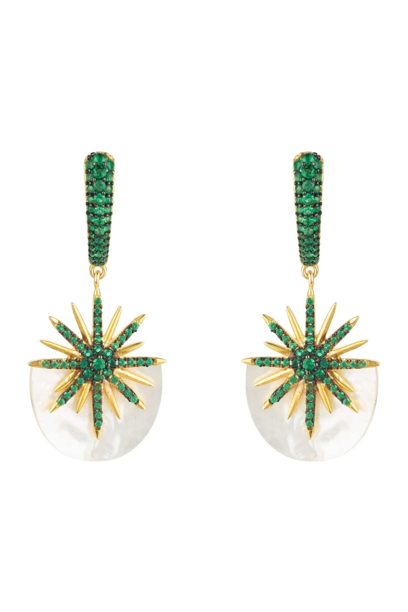 Sunburst White Mother Of Pearl Earrings Emerald Green Gold - LATELITA Earrings