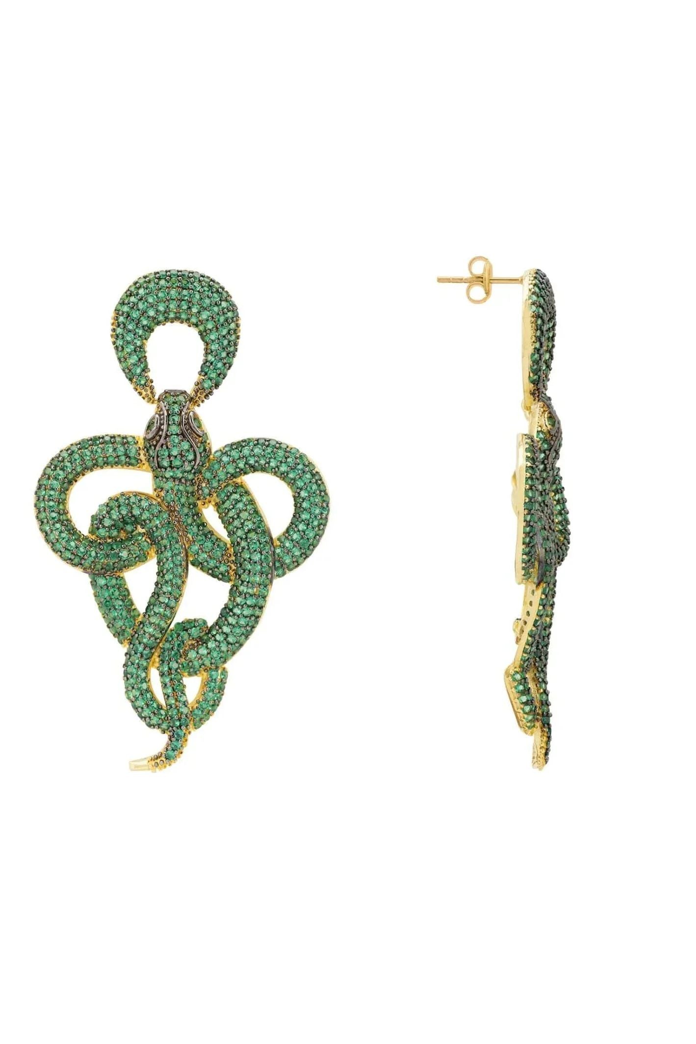 Viper Snake Drop Earrings Gold Emerald - LATELITA Earrings