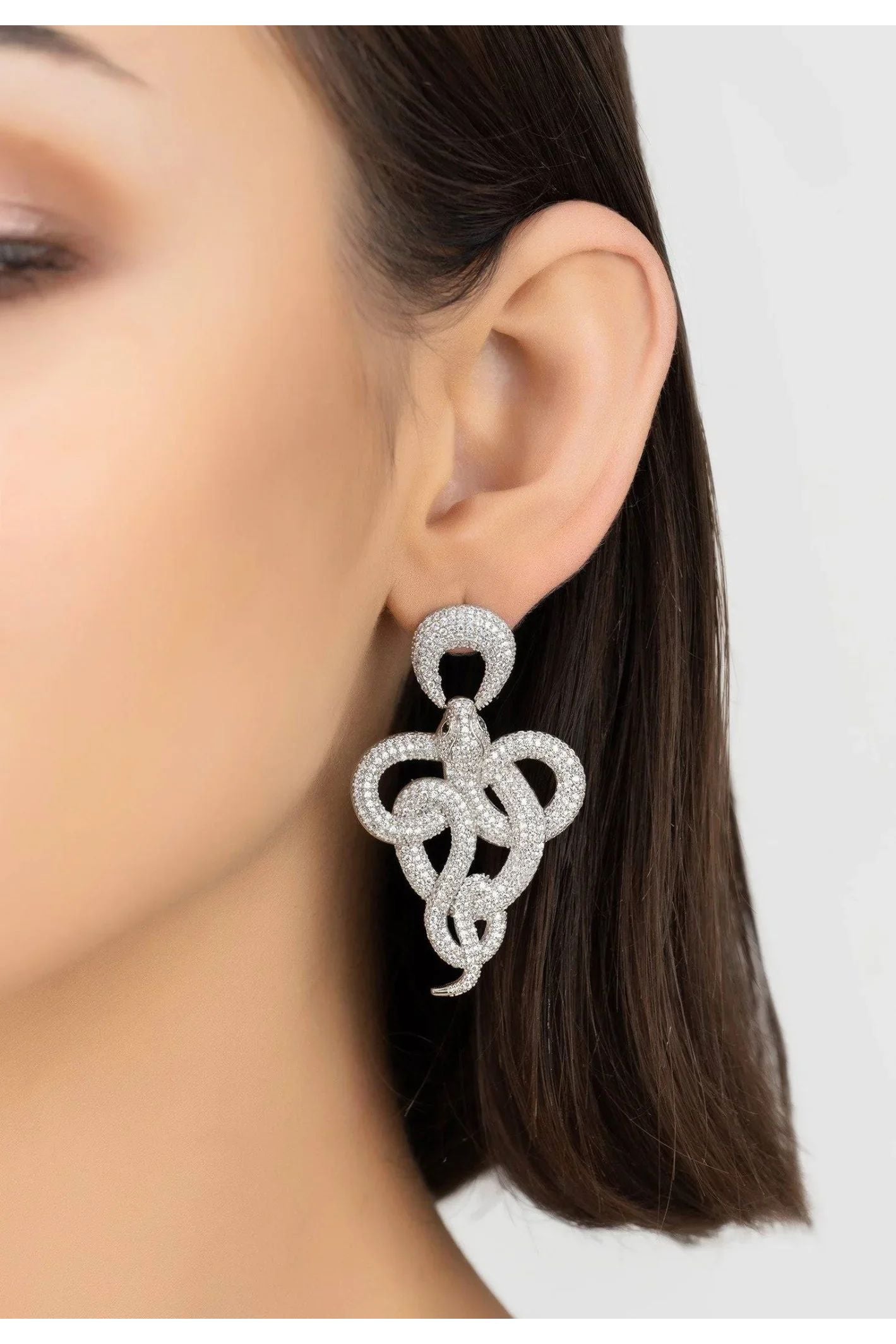 Viper Snake Drop Earrings Silver White - LATELITA Earrings