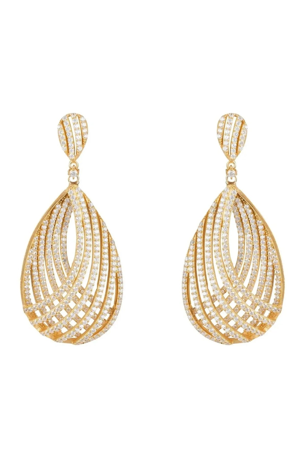 Elegant gold teardrop earrings with sparkling crystals, perfect for luxury fashion and gifting.