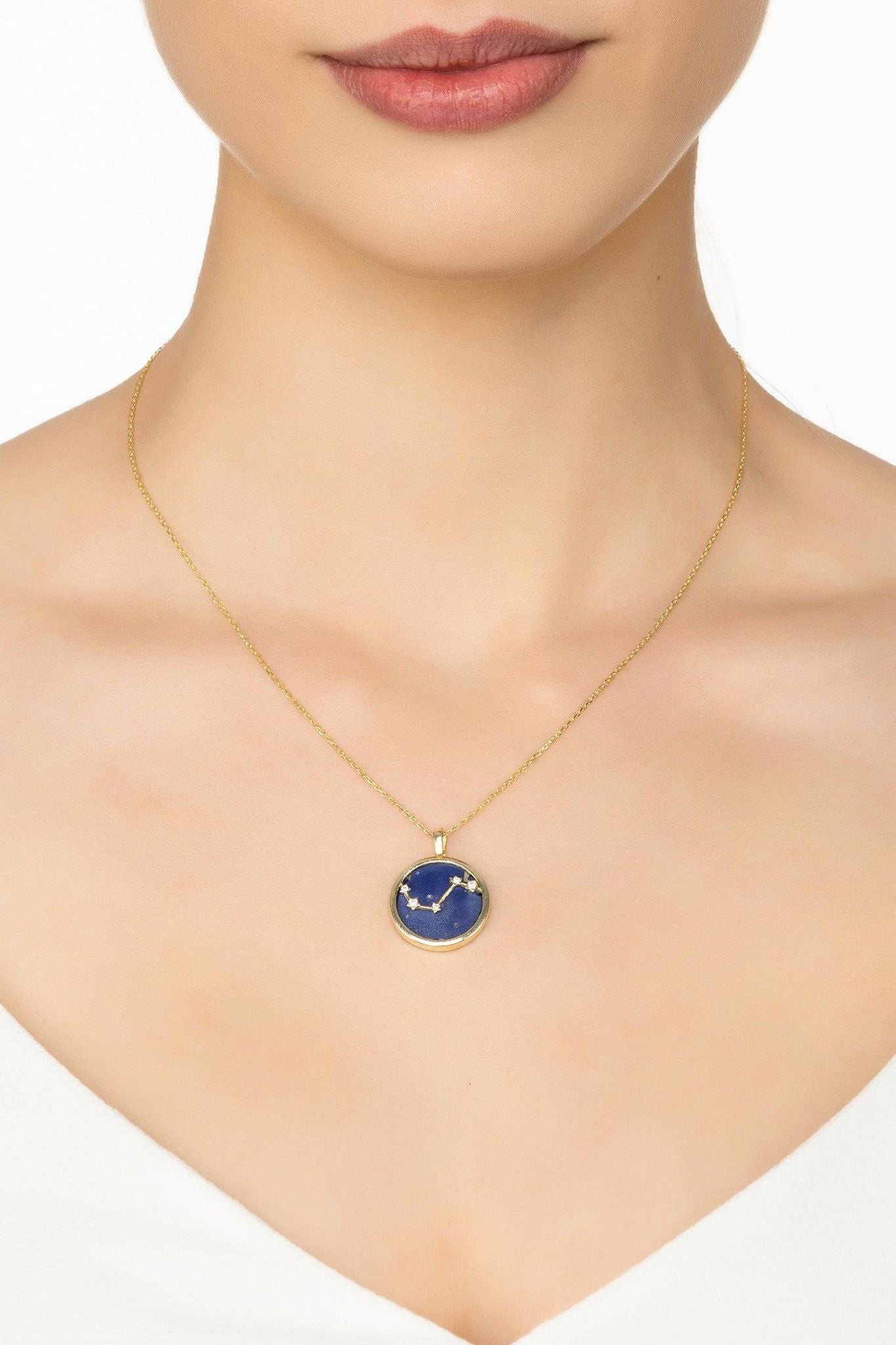 Zodiac Lapis Lazuli Gemstone Star Constellation Pendant Necklace Gold Aries - LATELITA Necklaces