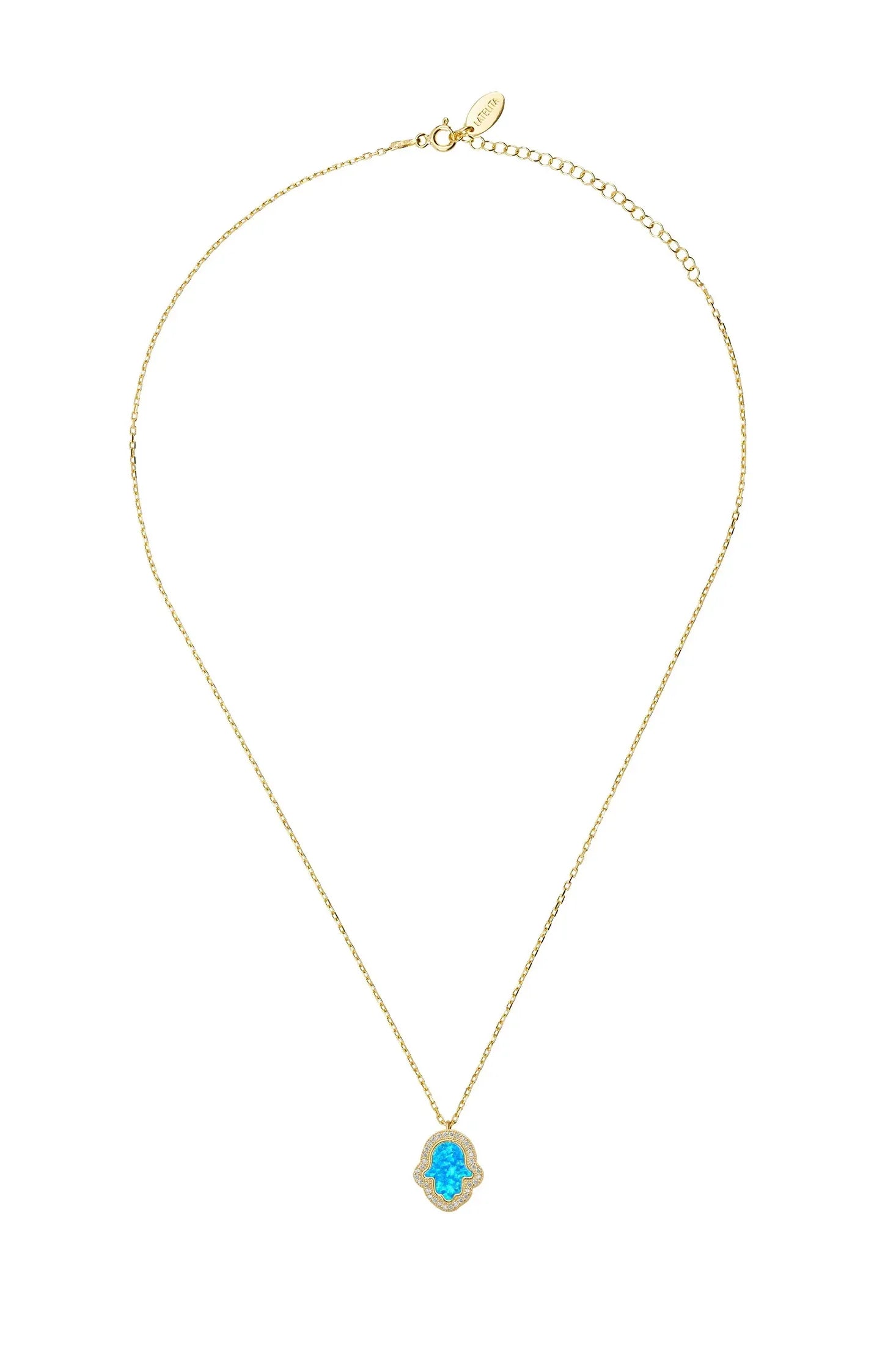 Blue opal hamsa hand gold necklace.