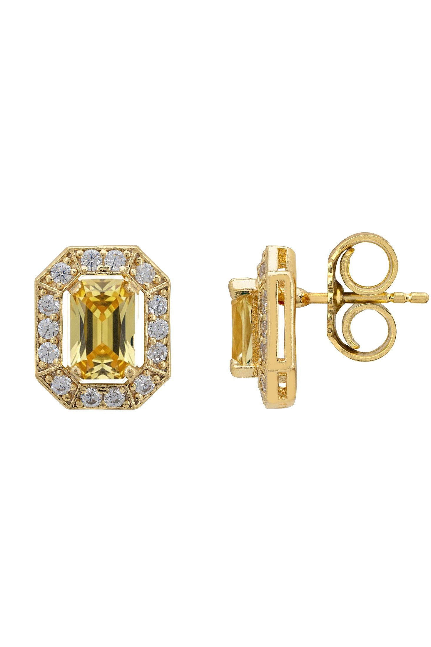 Gold earrings with a central green gemstone and smaller diamonds on a white background