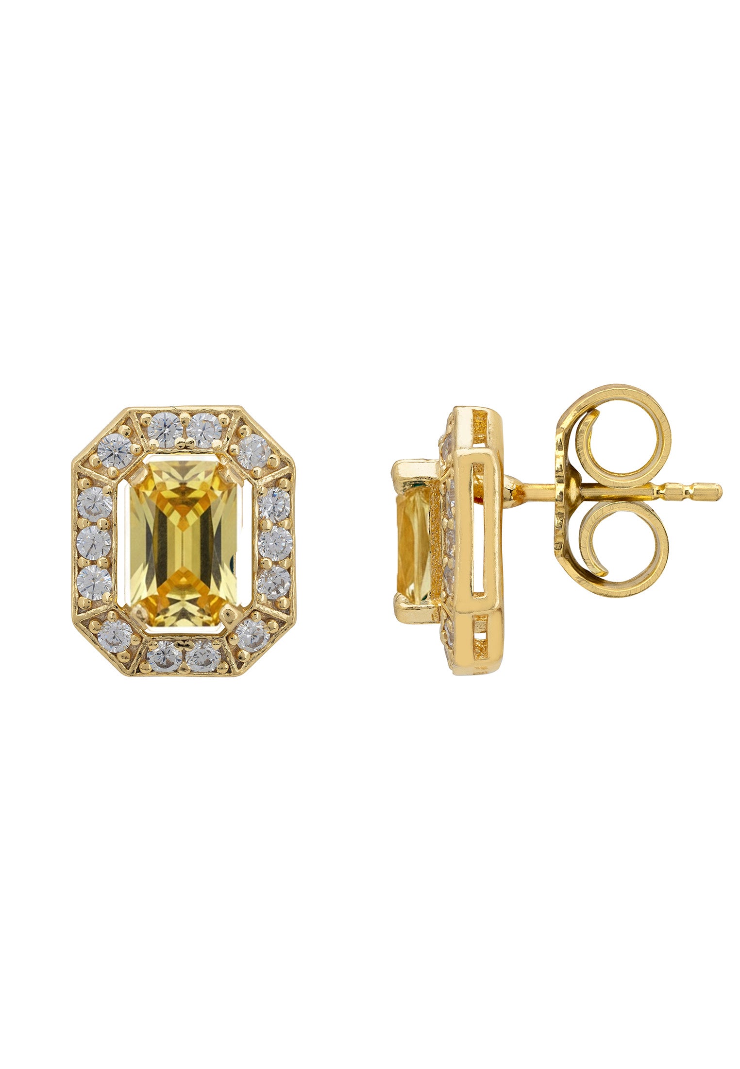 Gold earrings with a central green gemstone and smaller diamonds on a white background