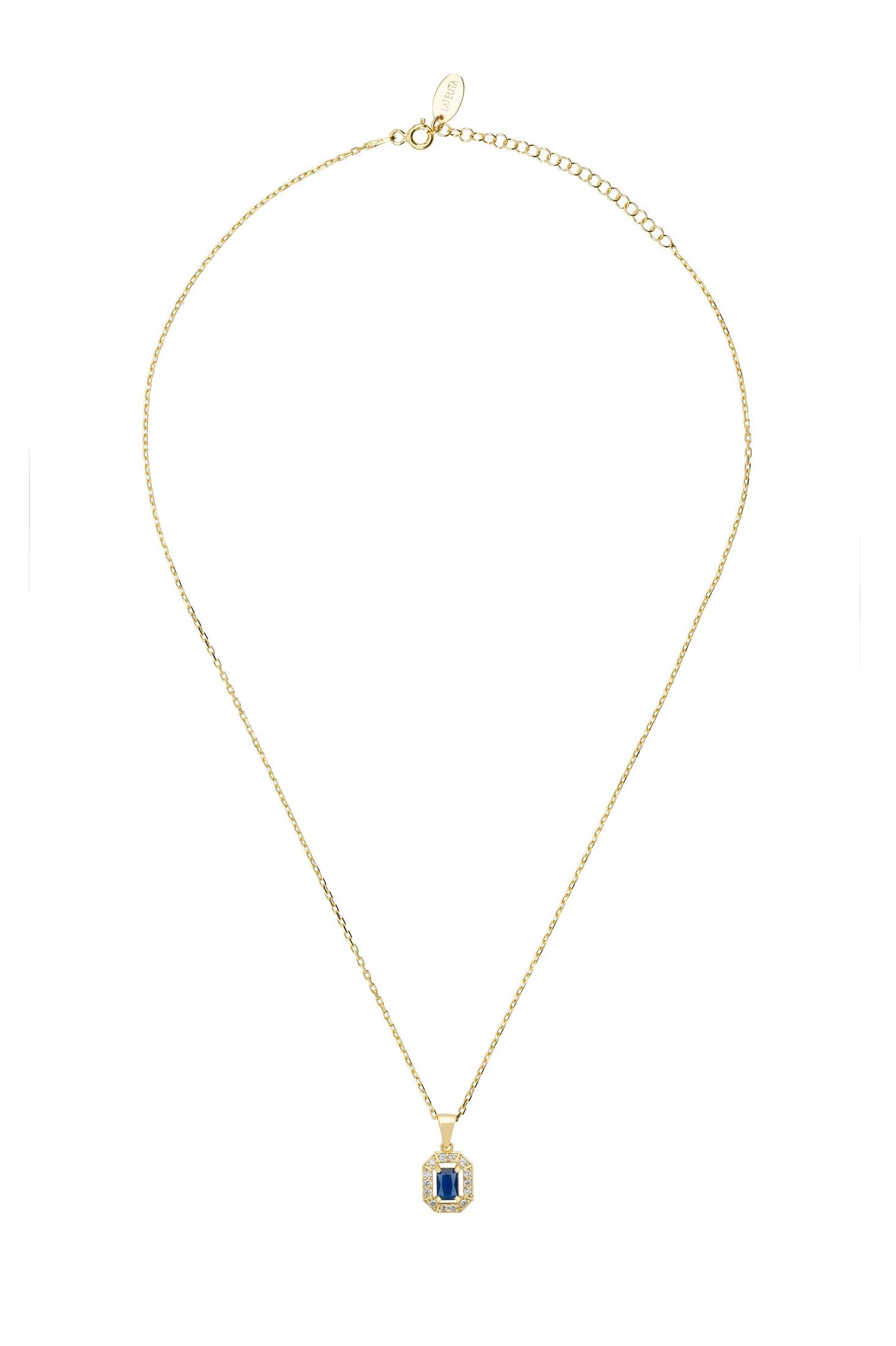 Gold necklace with a blue pendant on a white background