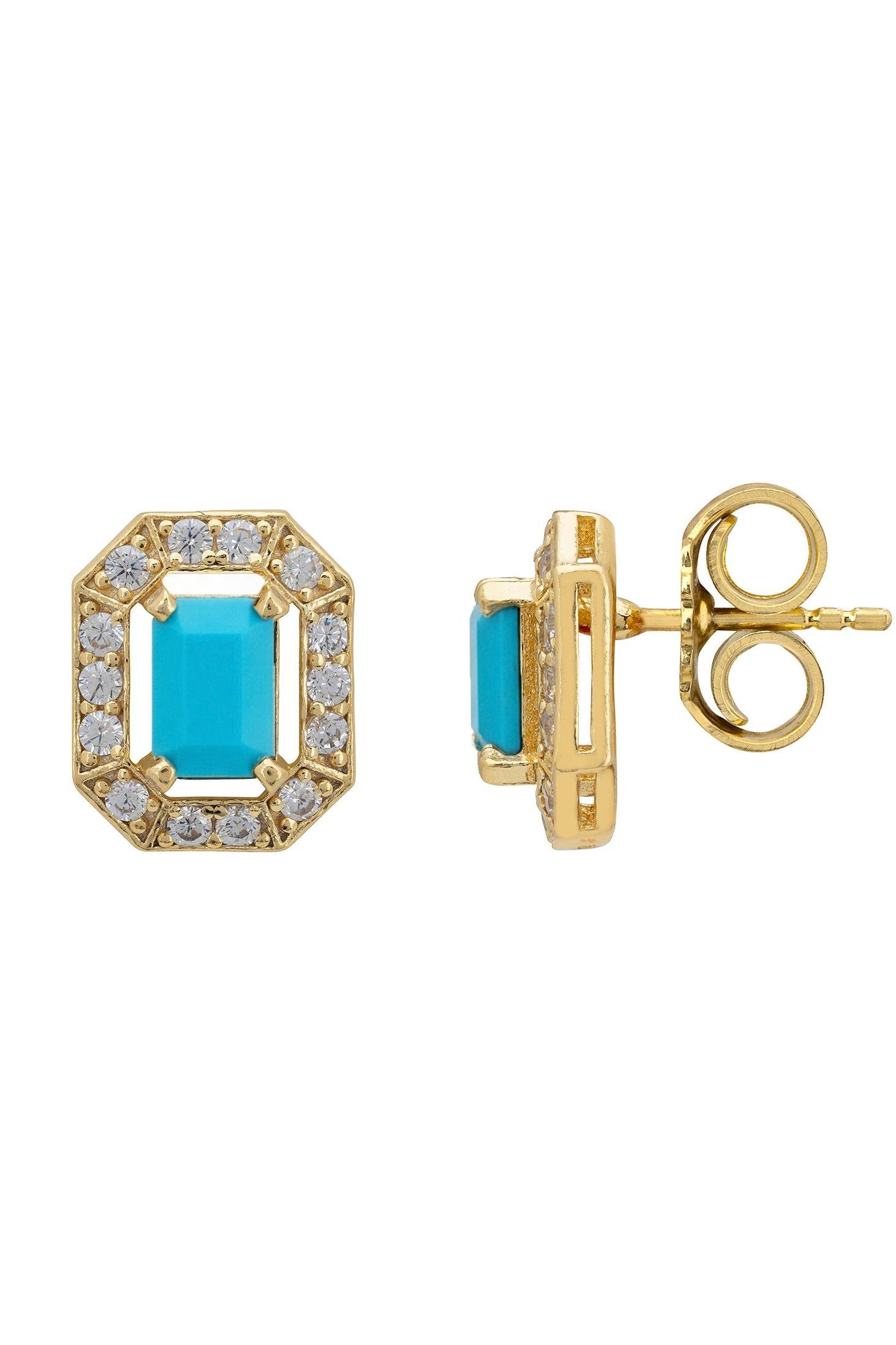 Gold earrings with turquoise gemstones on a white background