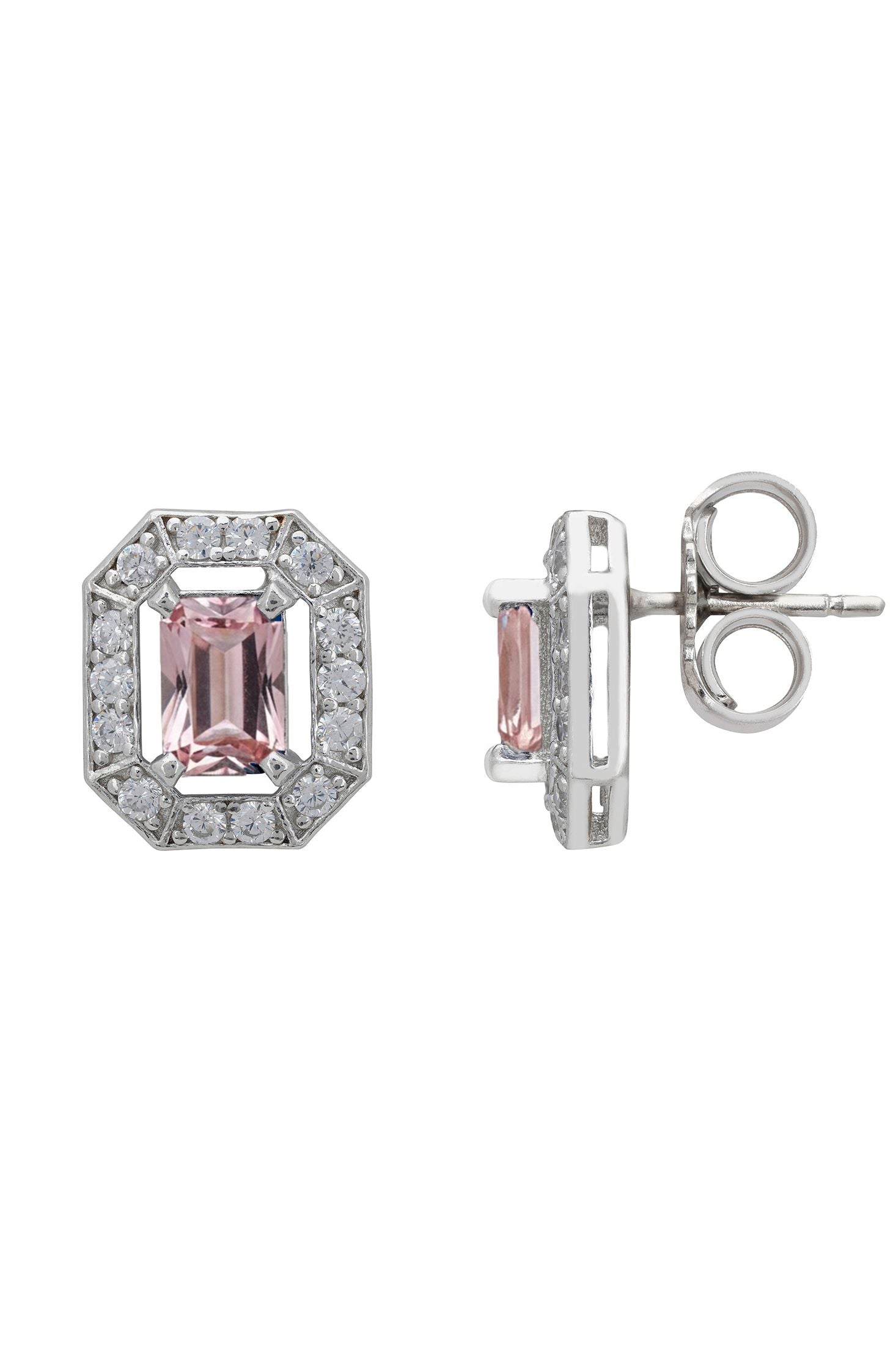 Pair of earrings with pink gemstones on a white background