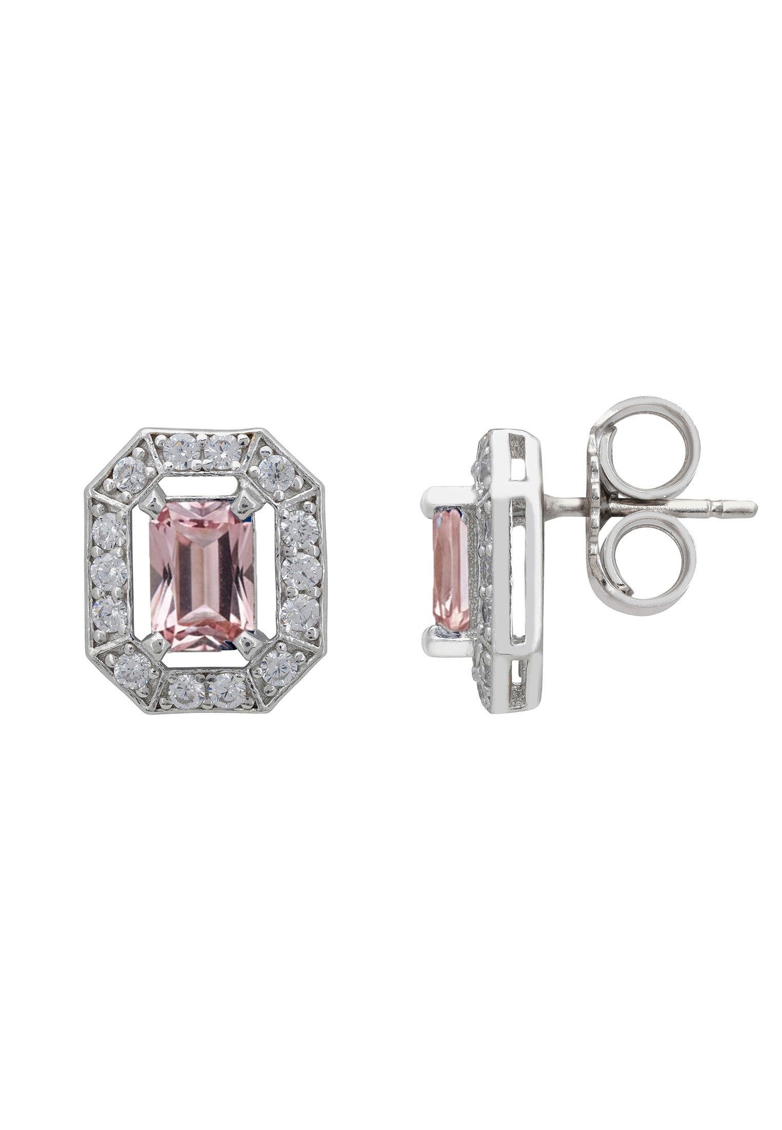 Pair of earrings with pink gemstones on a white background