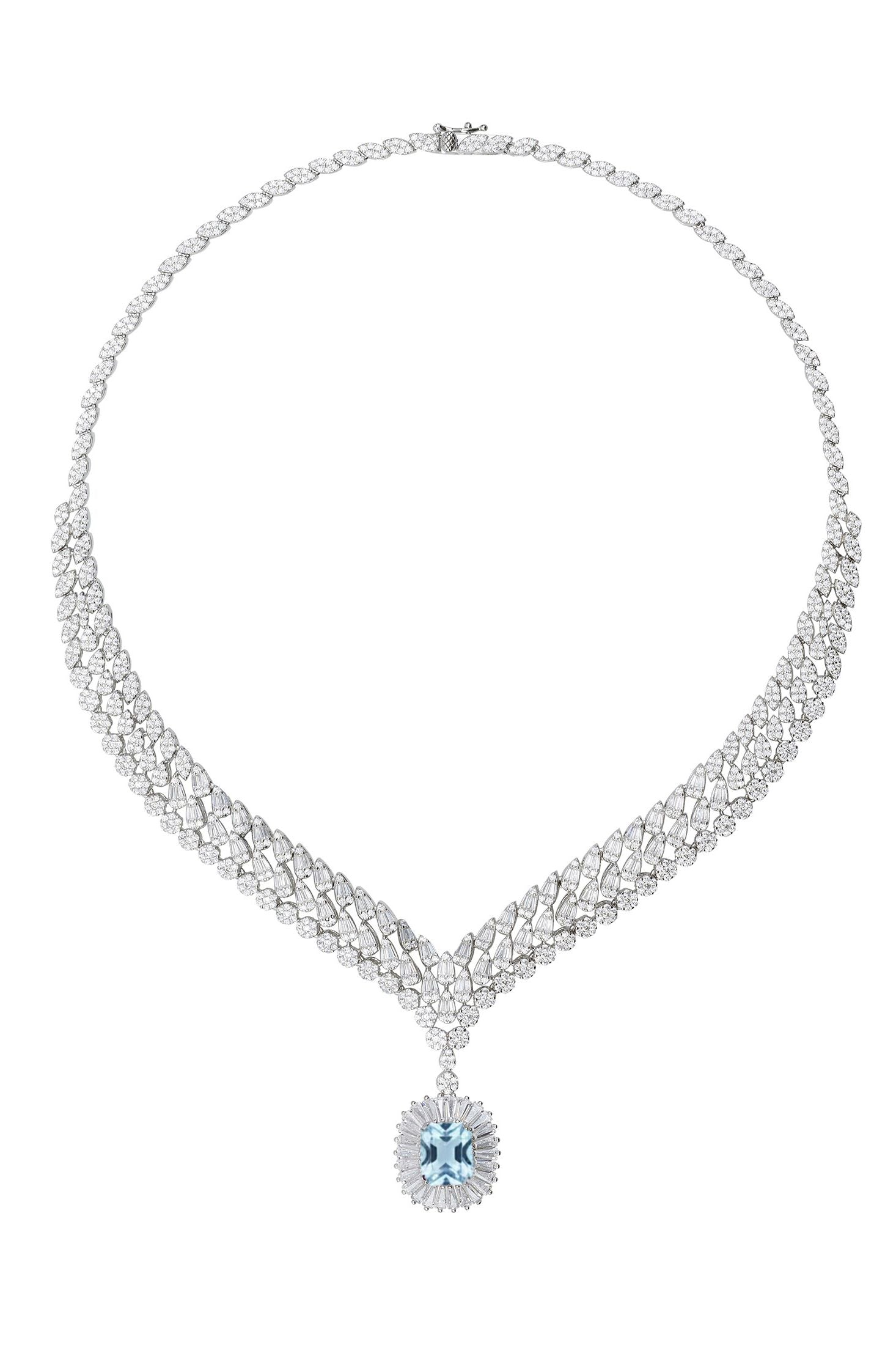 Elegant diamond necklace with a central blue gemstone on a white background