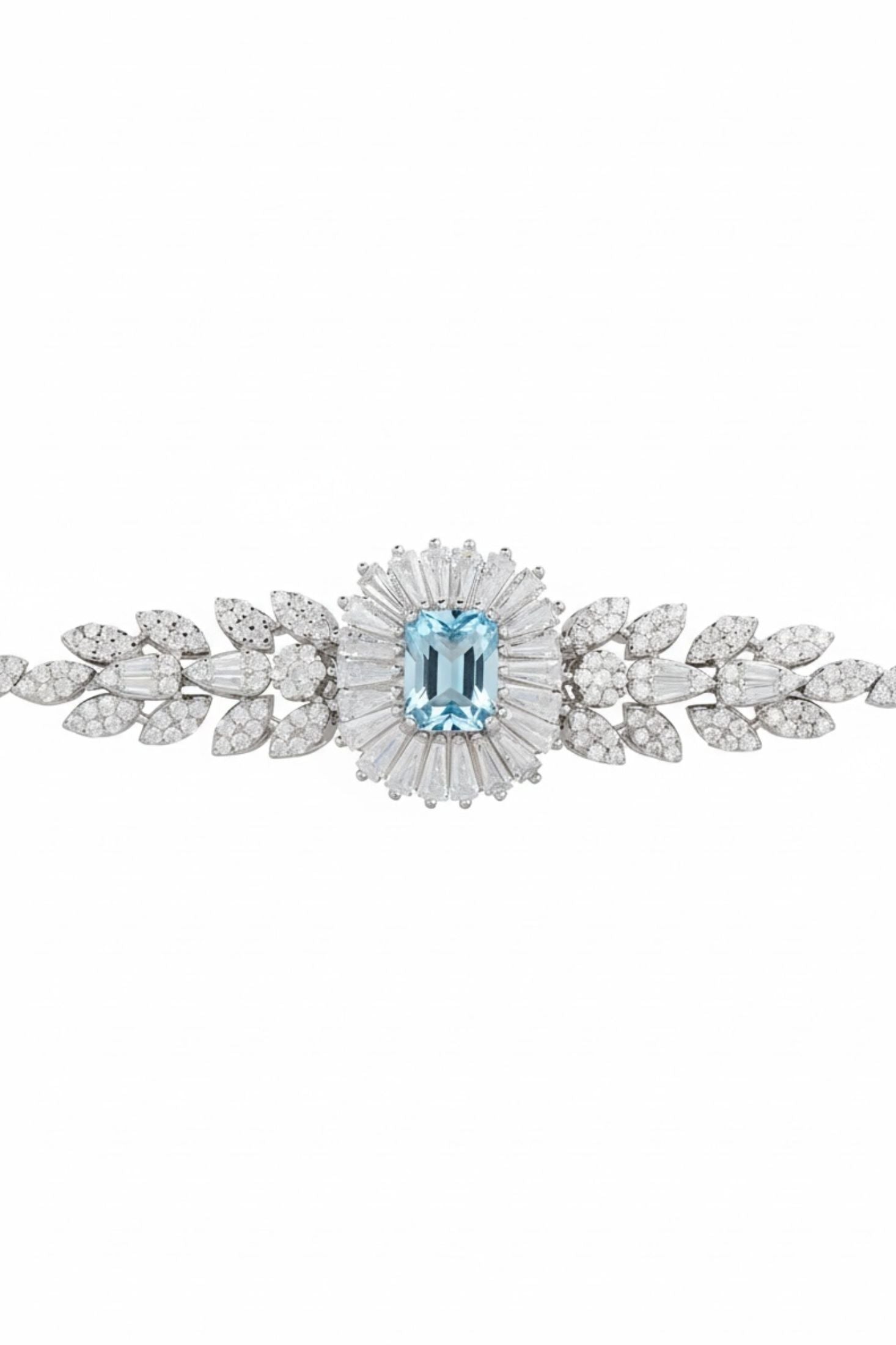Diamond bracelet with a central blue gemstone on a white background