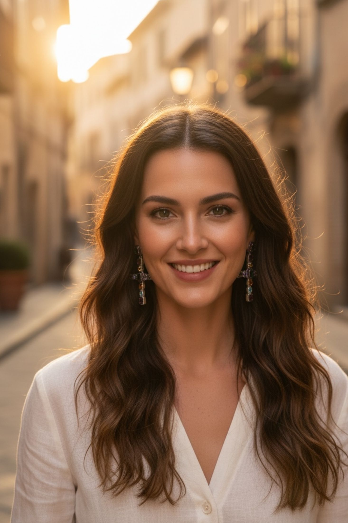 Woman with long brown hair smiling and wearing large cross earrings with different coloured gemstones