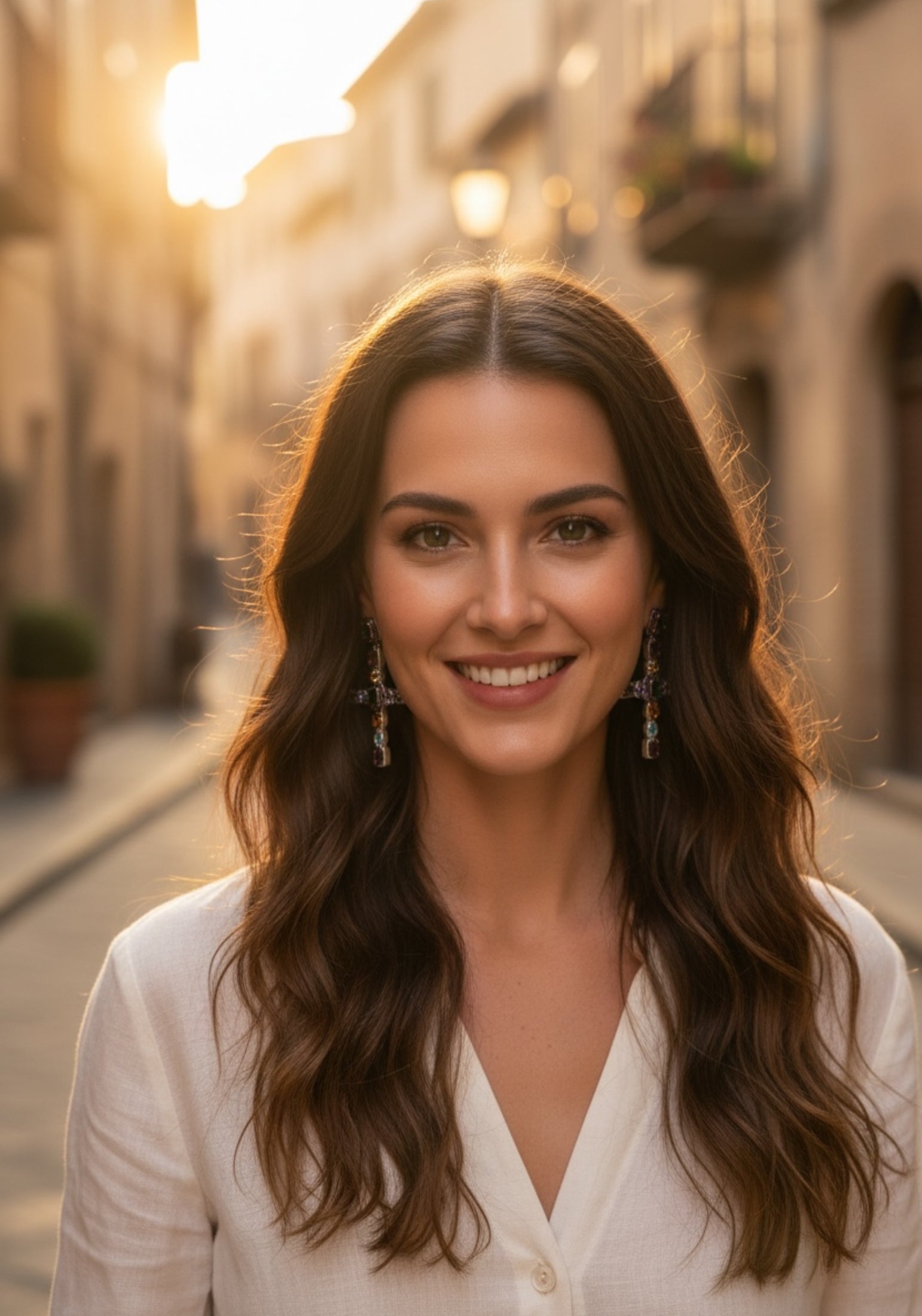 Woman with long brown hair smiling and wearing large cross earrings with different coloured gemstones