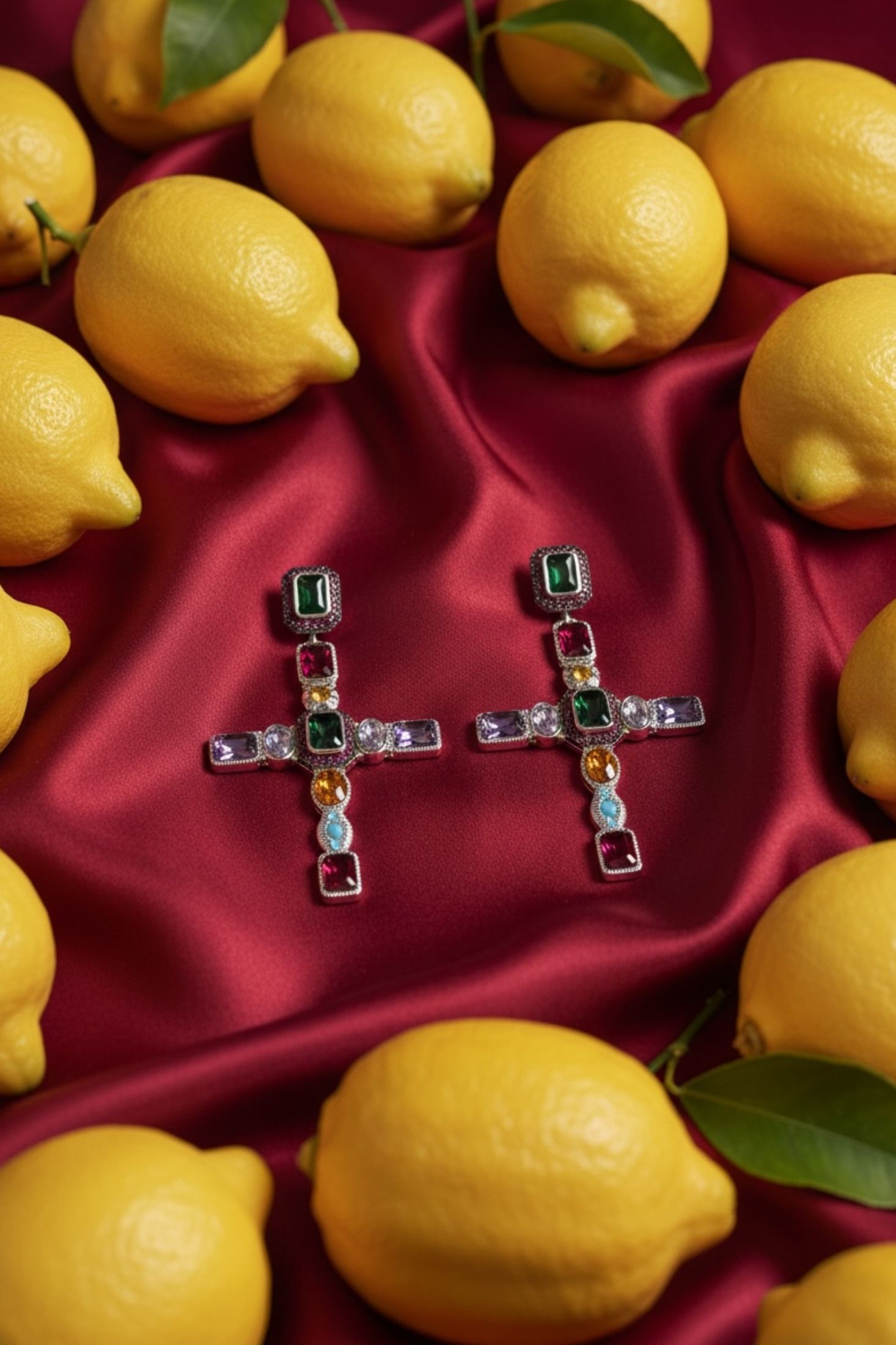 Cross shaped earrings with multicoloured gemstones on red fabric surrounded by lemons