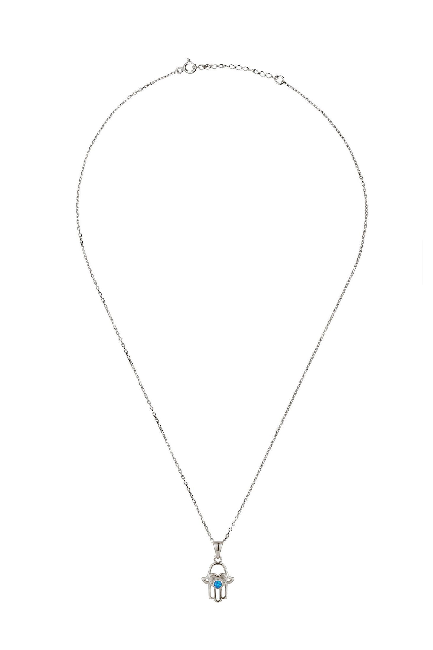 A silver-toned Hamsa hand necklace with a small light blue stone accent, displayed on a clean white background.