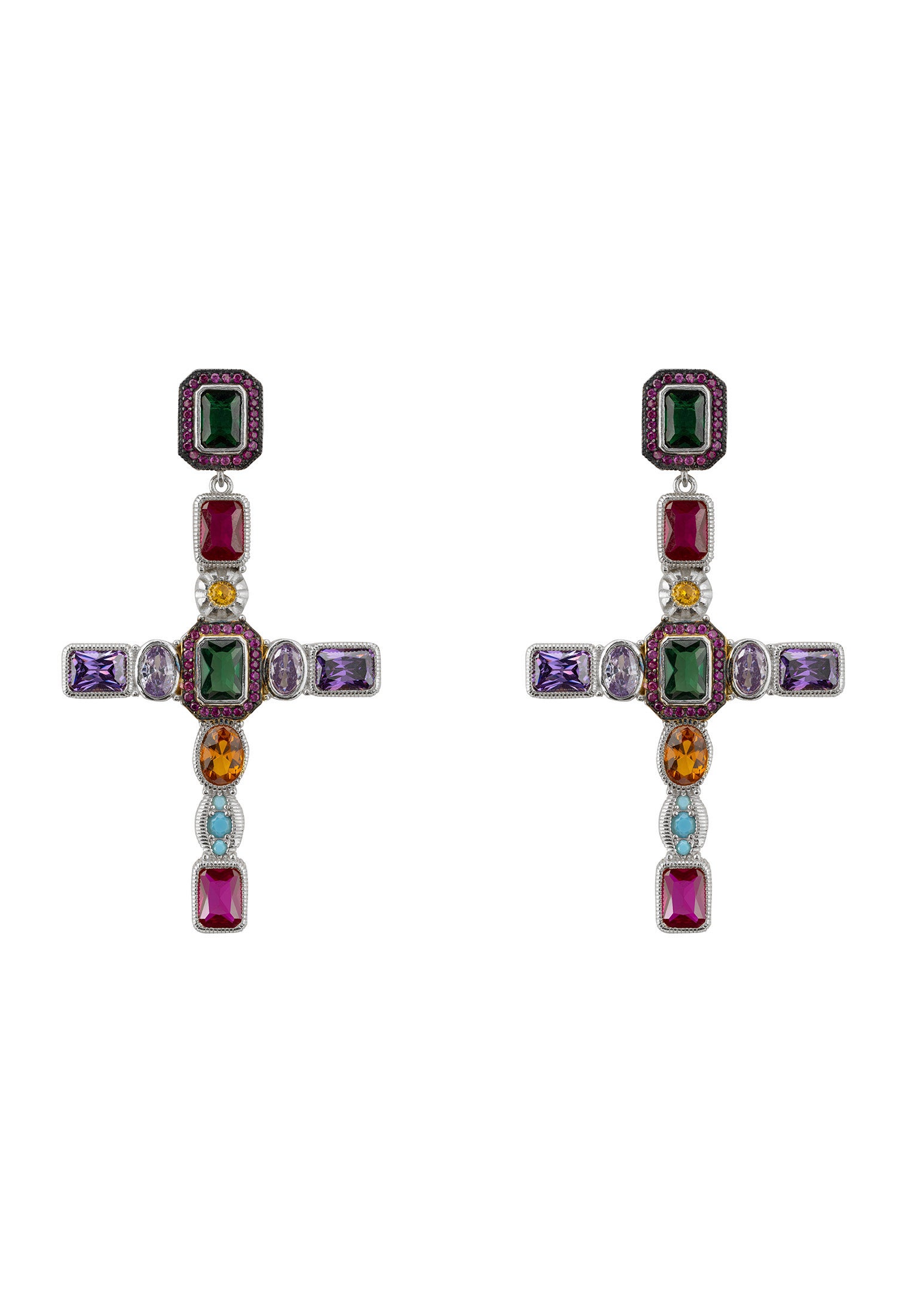 Cross-shaped earrings with multicolored gemstones on a white background