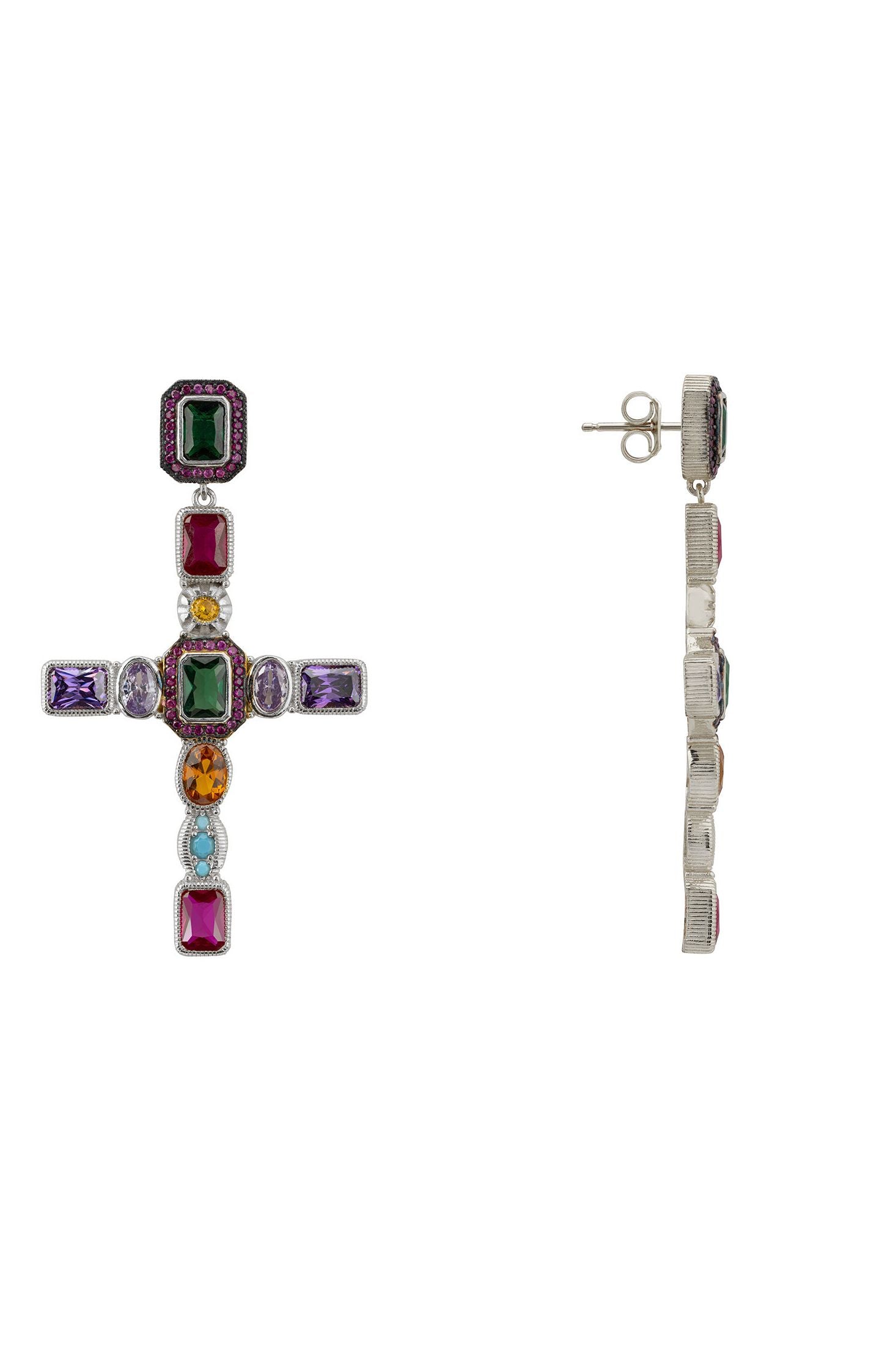 Multicolored gemstones cross-shaped earrings on a white background