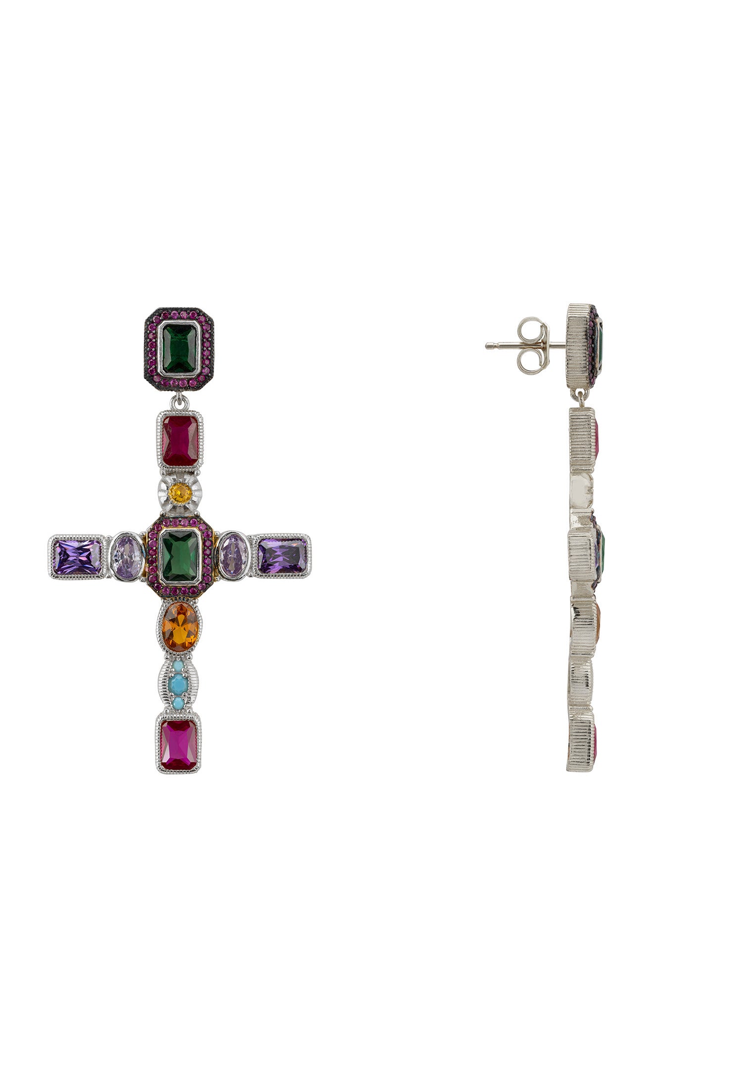 Multicolored gemstones cross-shaped earrings on a white background