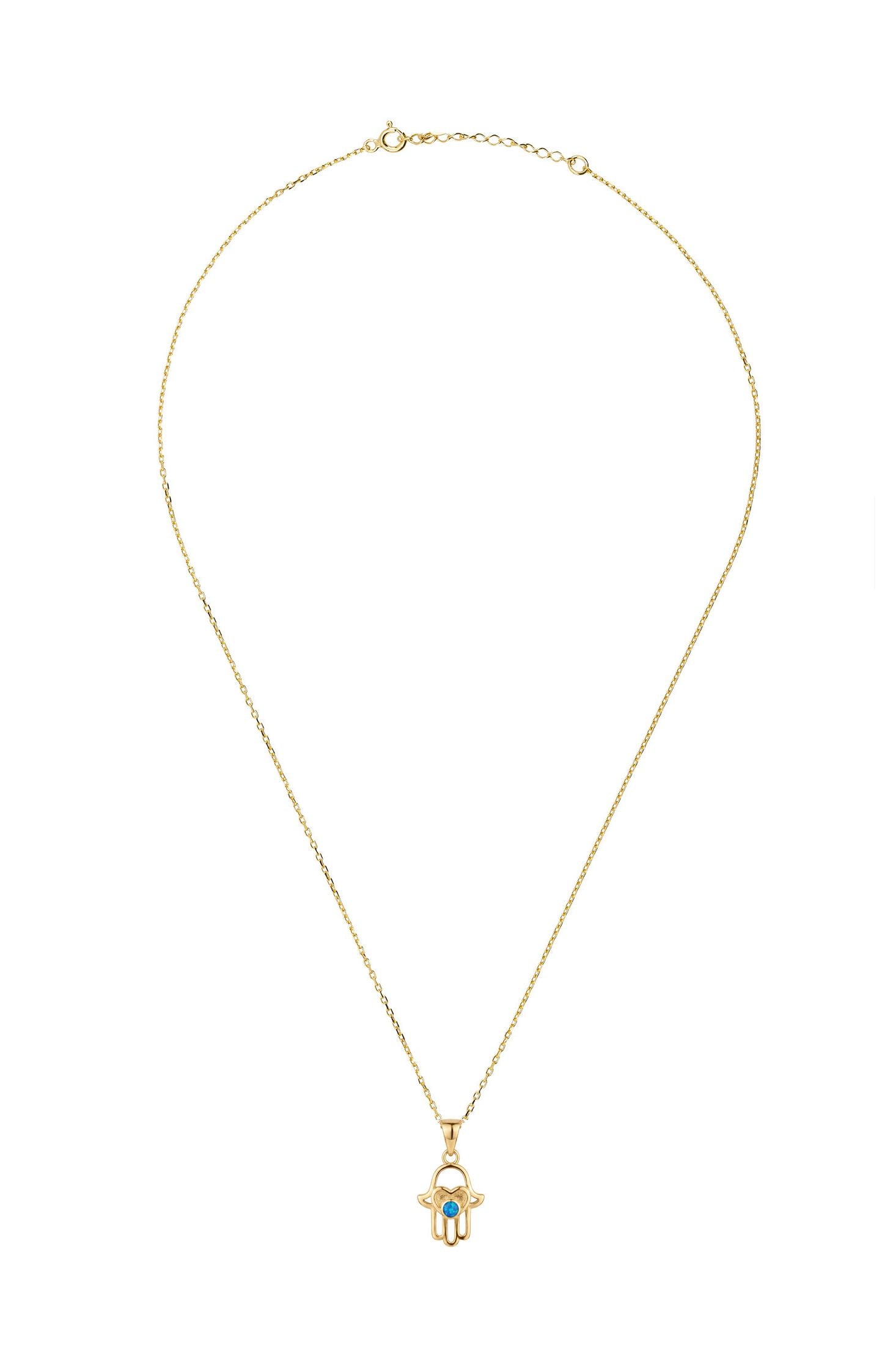 Angled view of Love My Hamsa Hand Blue Opal Pendant Necklace Gold, showing hamsa hand design, gold finish and the jewellery profile.