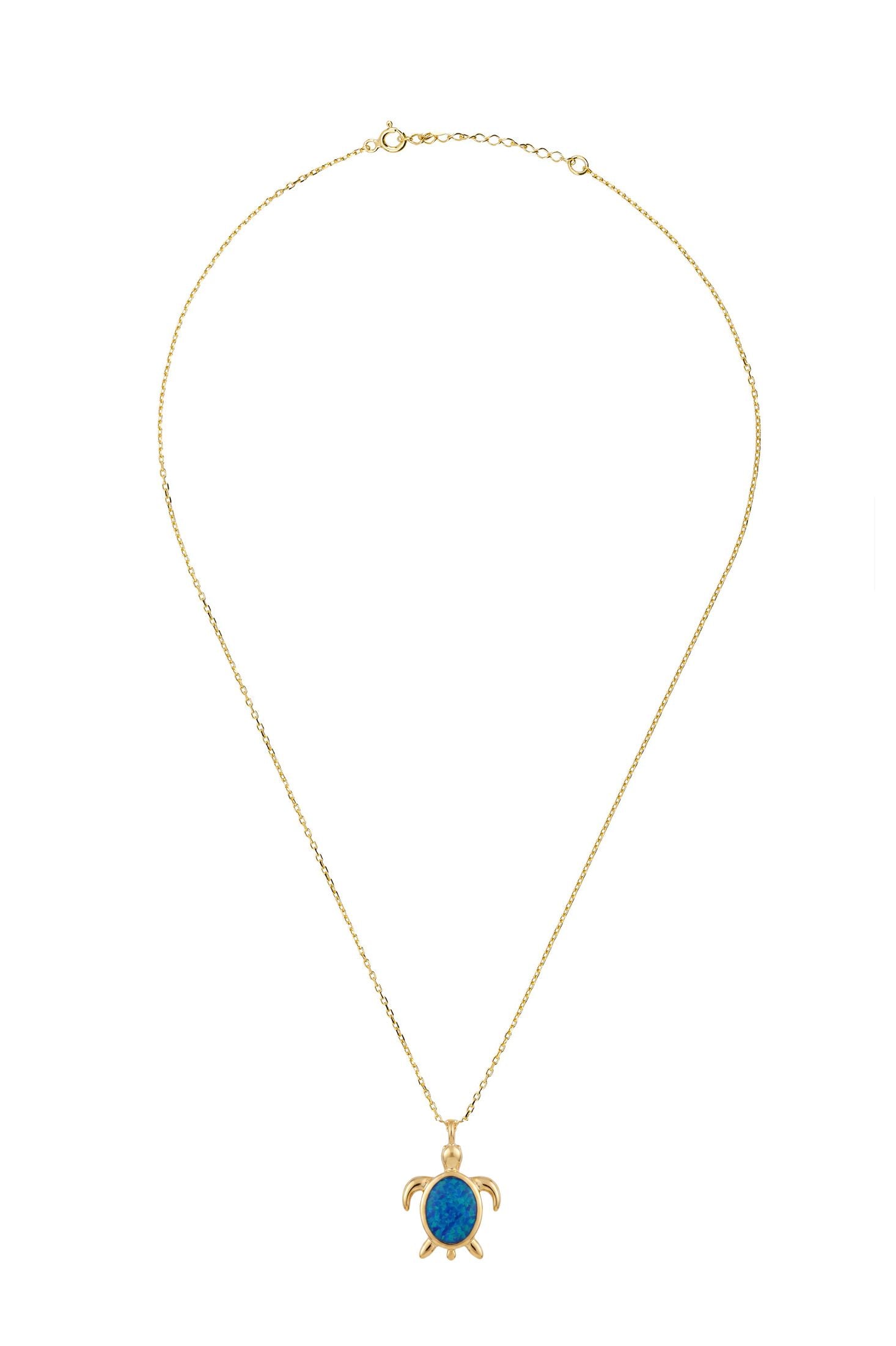 Angled view of Sea Turtle Blue Opal Pendant Necklace Gold, showing turtle design, gold finish and the jewellery profile.