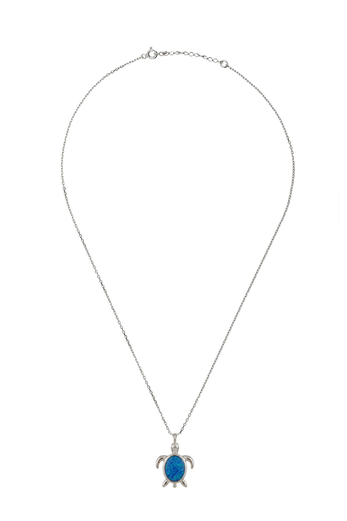 Angled view of Sea Turtle Blue Opal Pendant Necklace Silver, showing turtle design, silver finish and the jewellery profile.