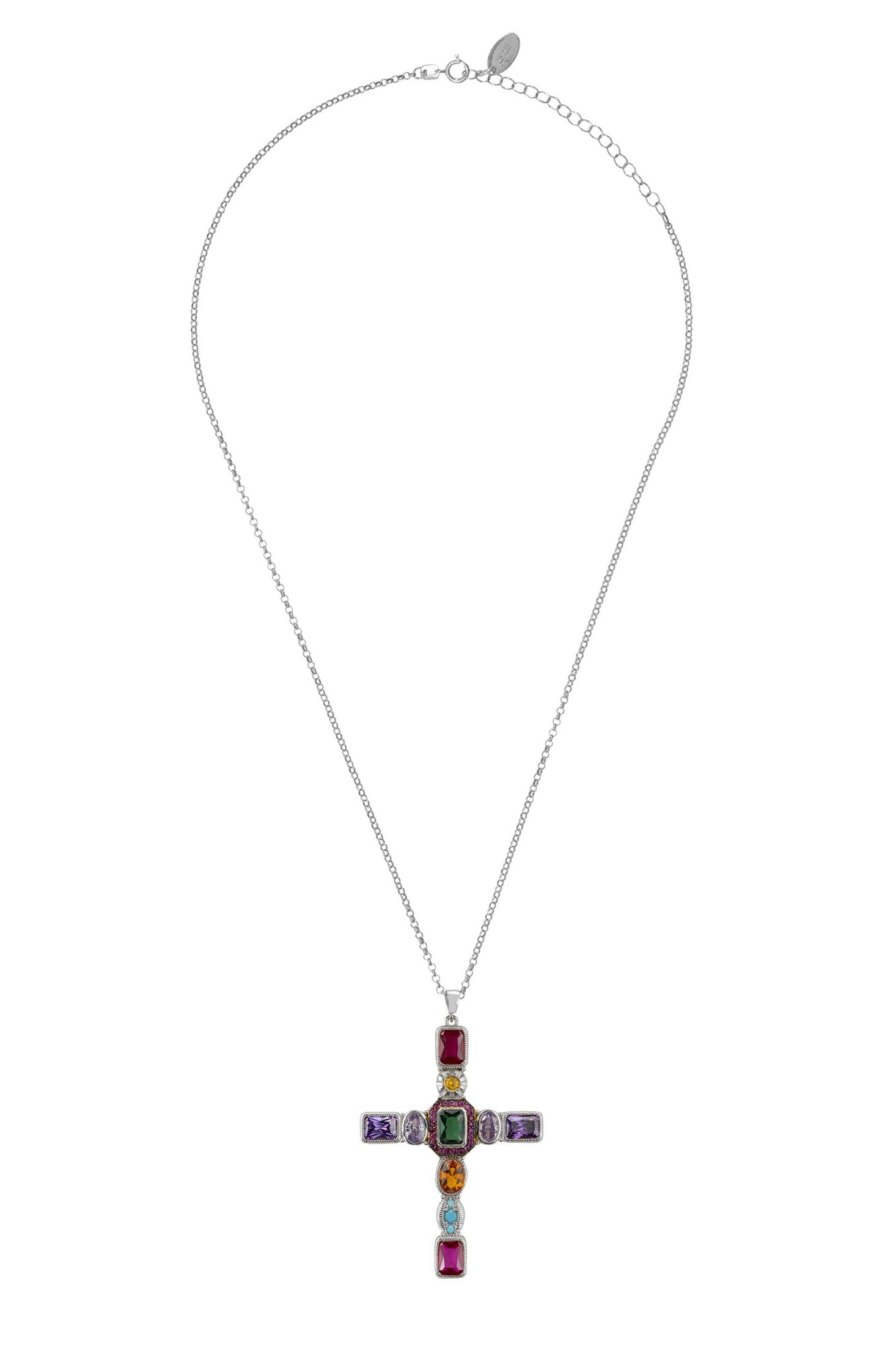 Necklace with a cross pendant featuring multicolored gemstones on a white background