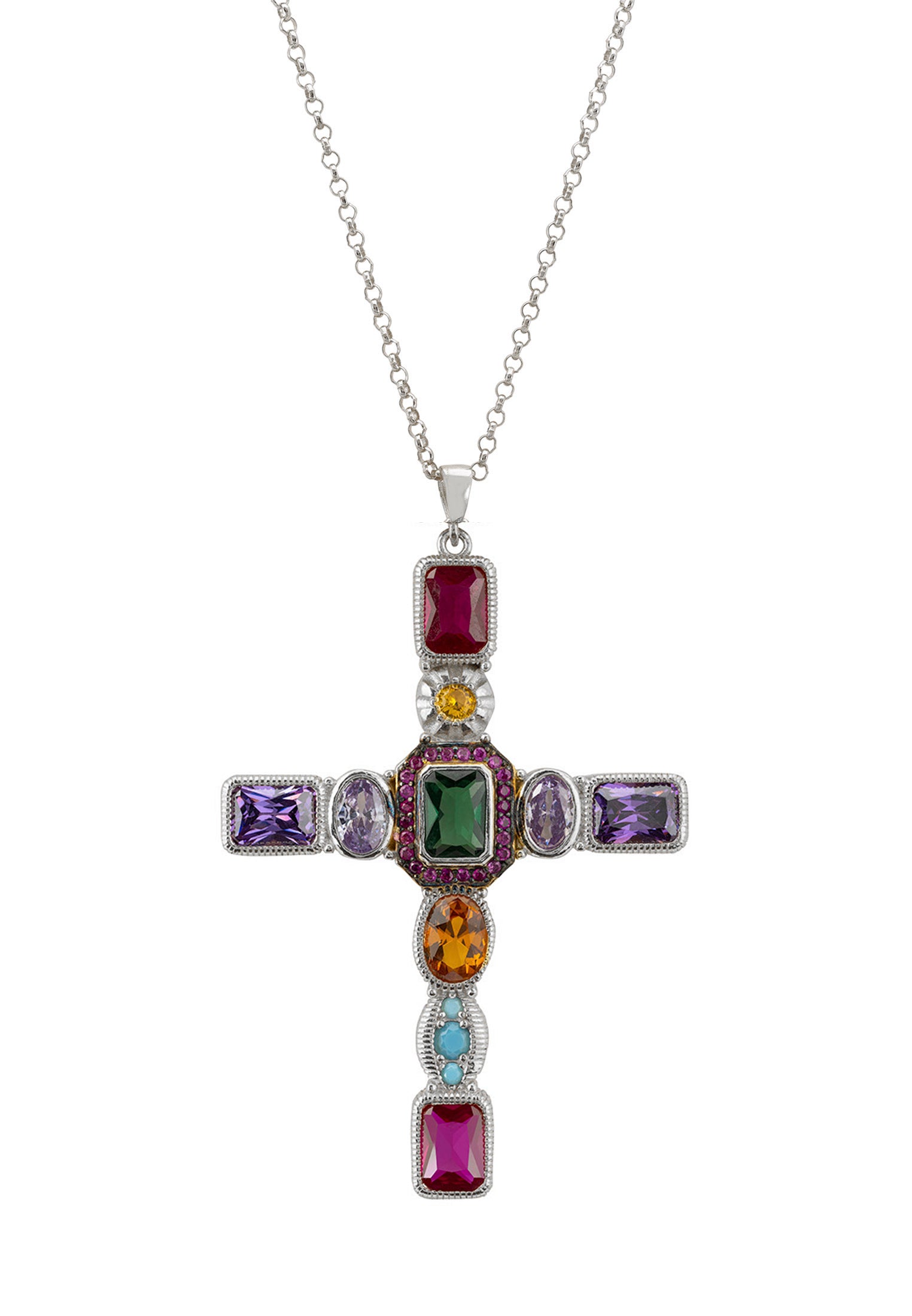 Cross-shaped pendant with colorful gemstones on a white background