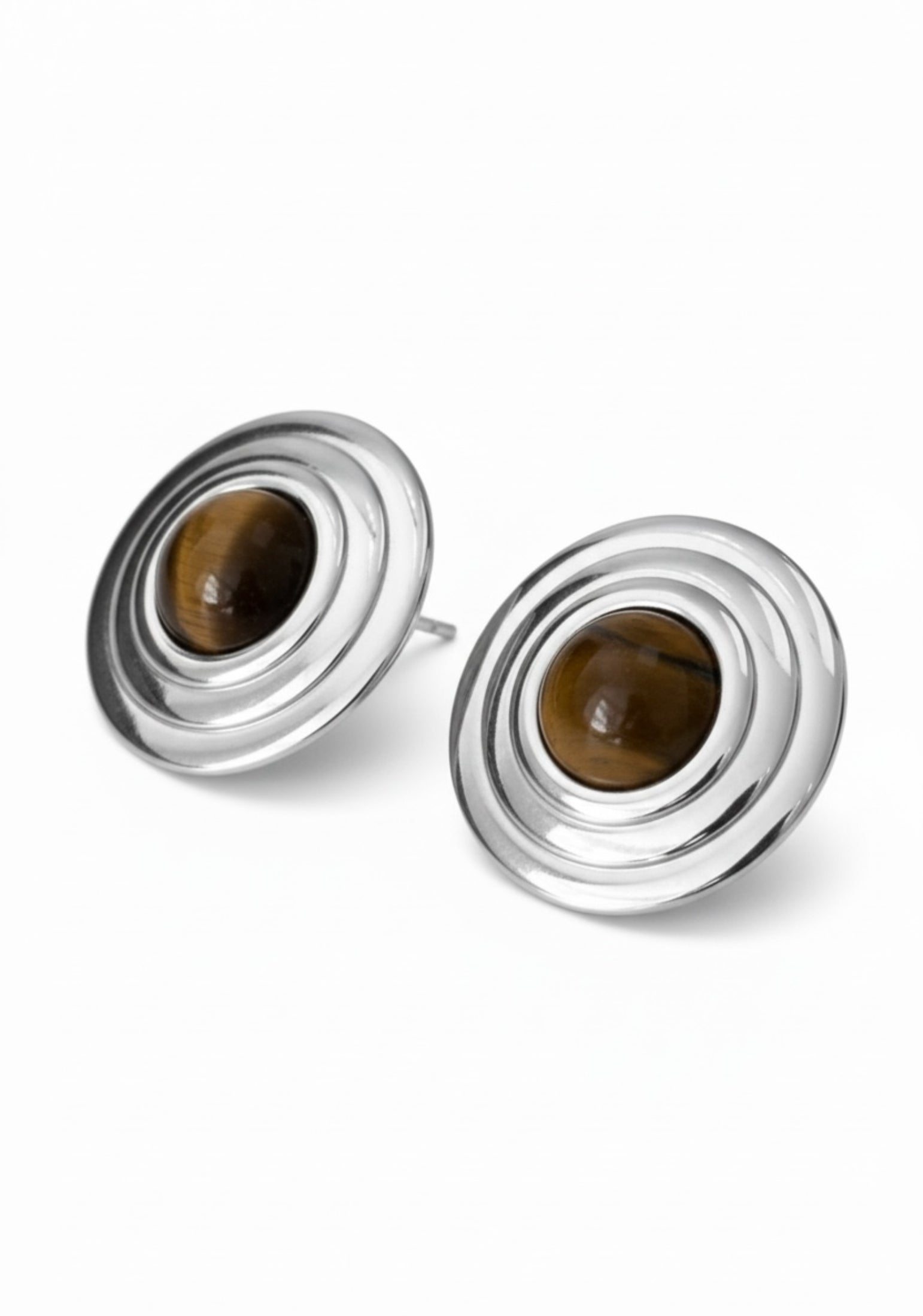 Como Large Round Stud Earrings Tigers Eye Silver