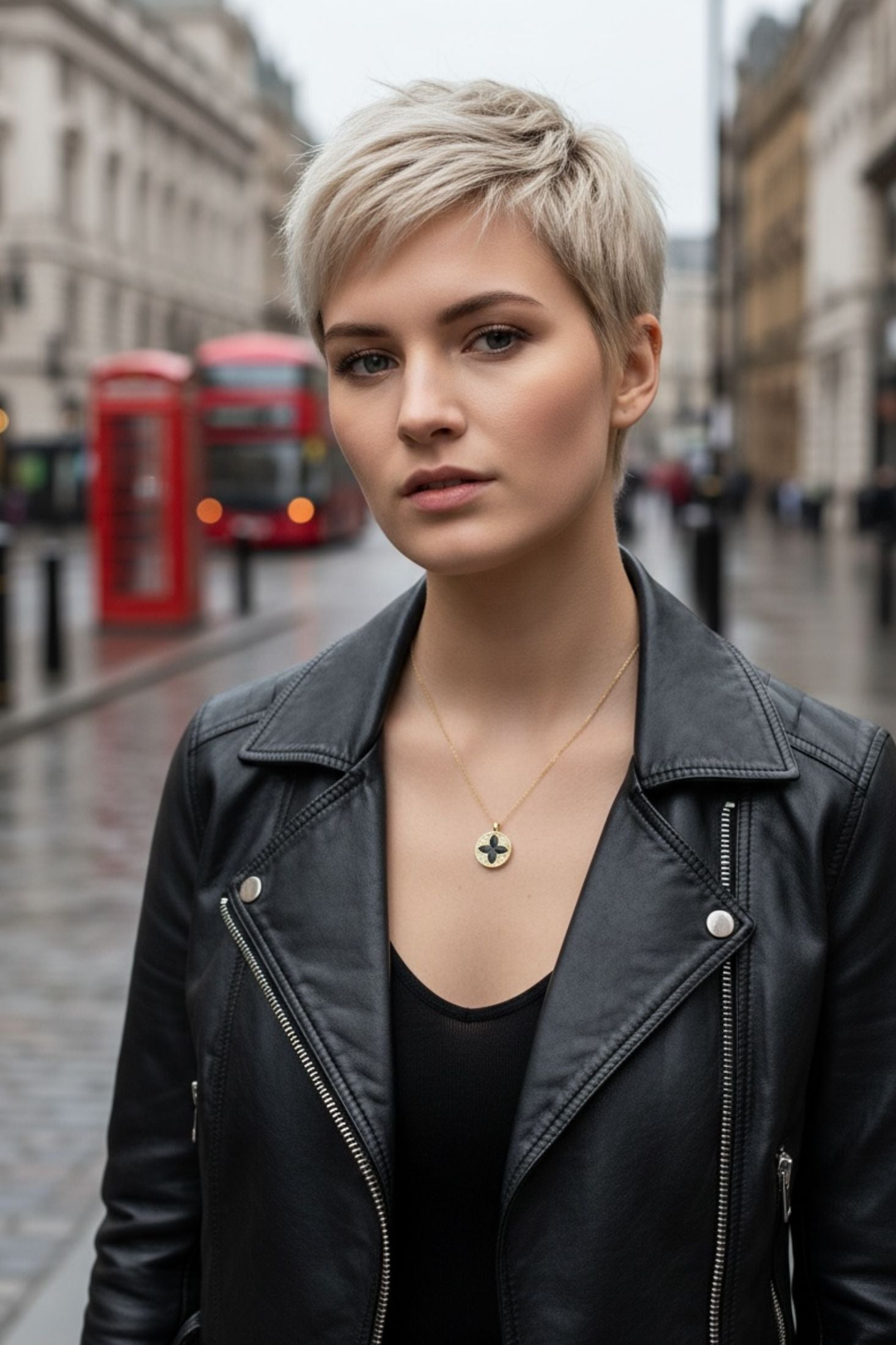Woman with short blonde hair wearing a black leather jacket and gold pendant necklace on a city street.