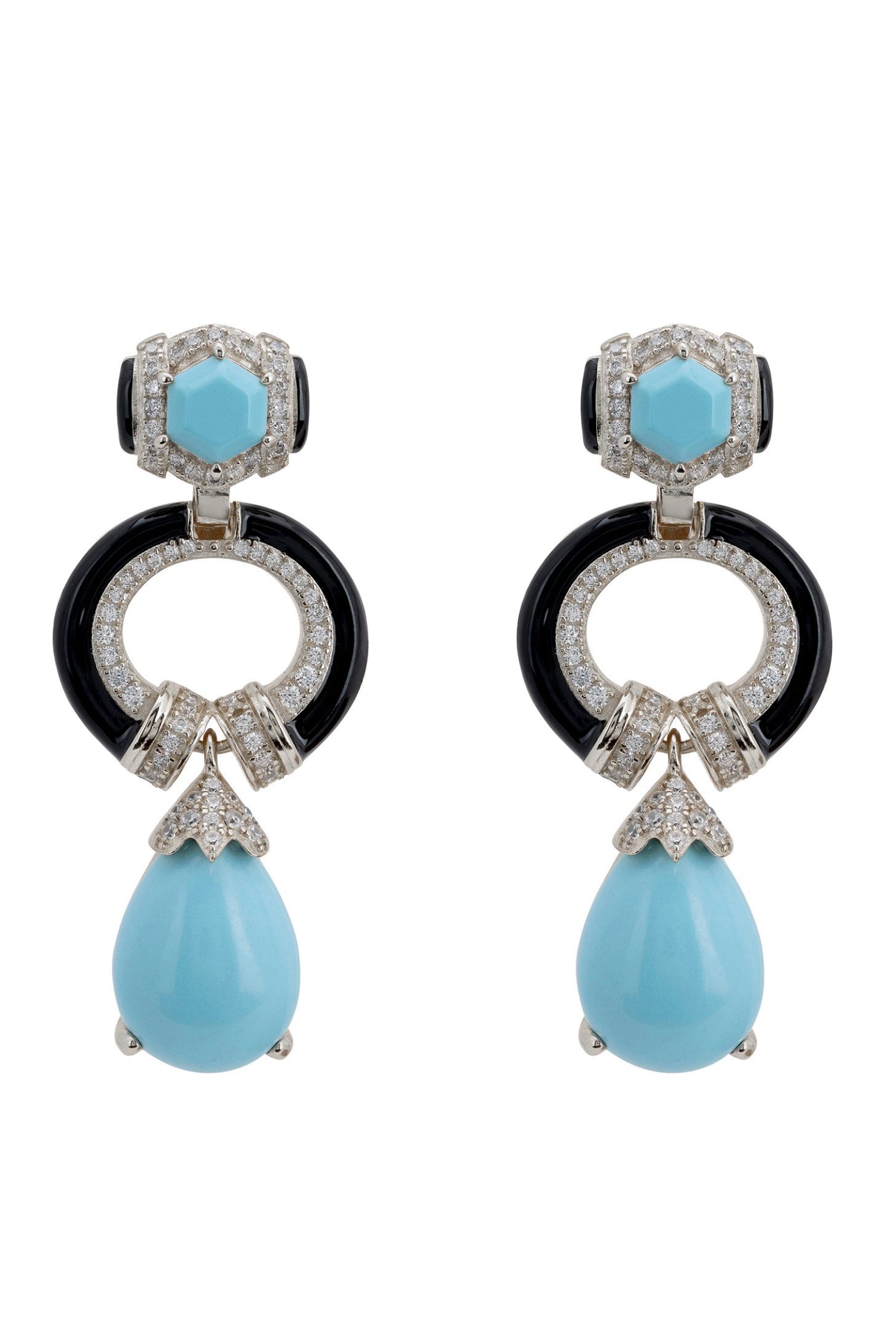 Turquoise, black and white art deco drop earrings.