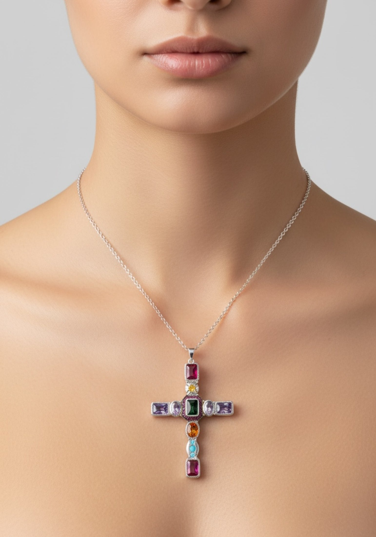 Necklace with a colorful pendant on a neutral background