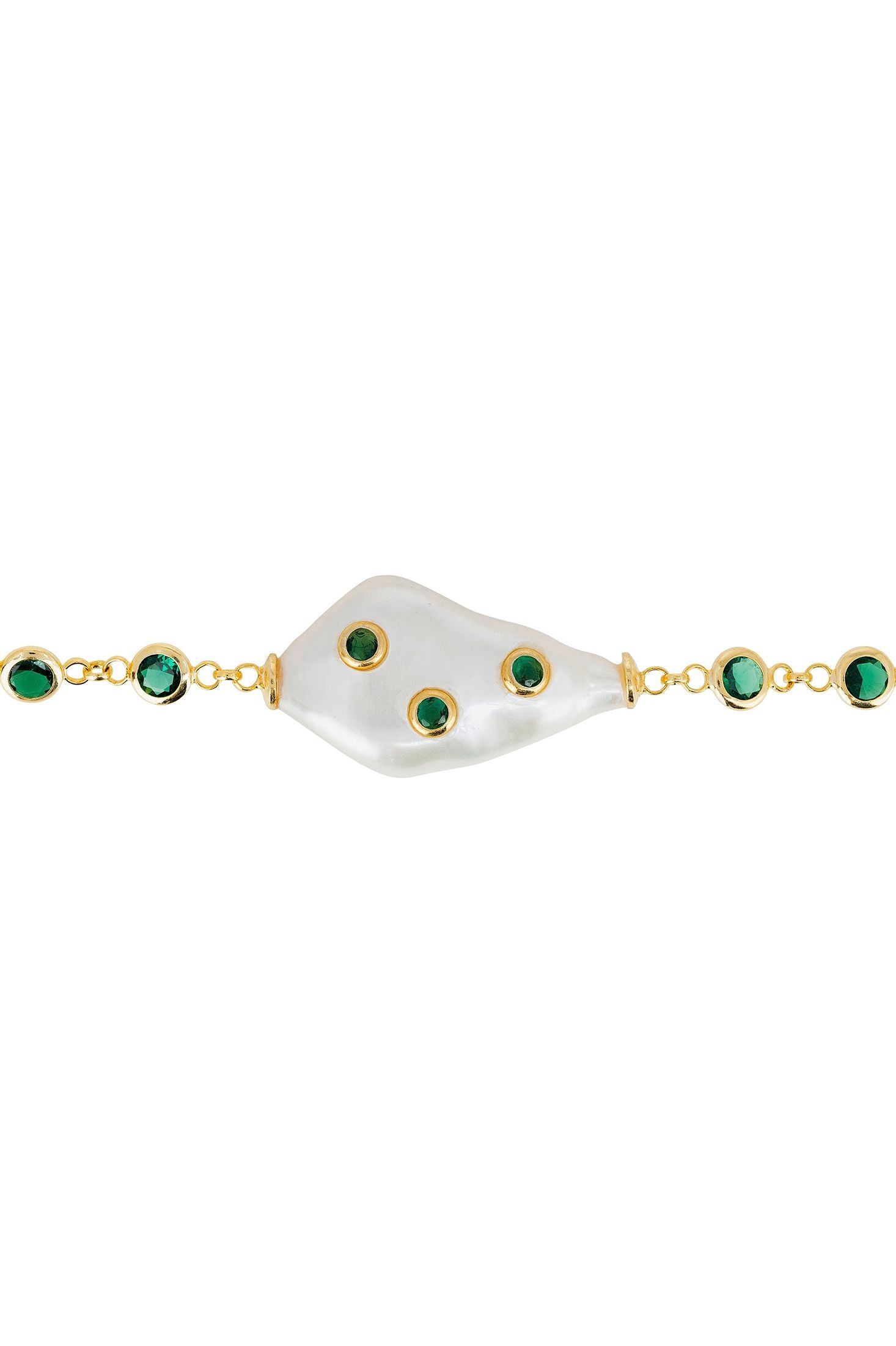 Angled view of Polka Dot Baroque Pearl Bracelet Gold Emerald, showing baroque pearl and pearl detailing, gold finish and the jewellery profile.
