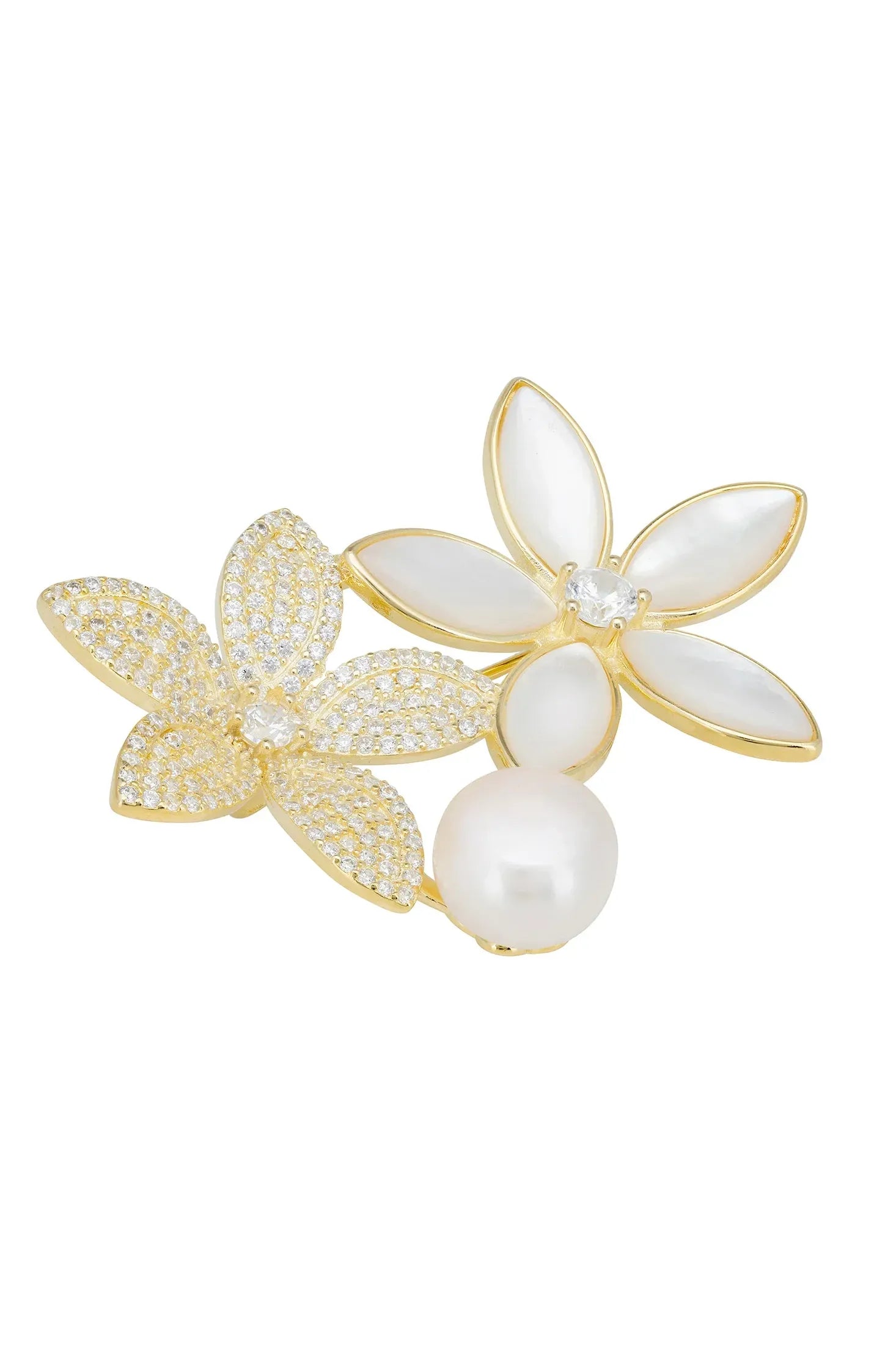 Gold floral brooch with a pearl.