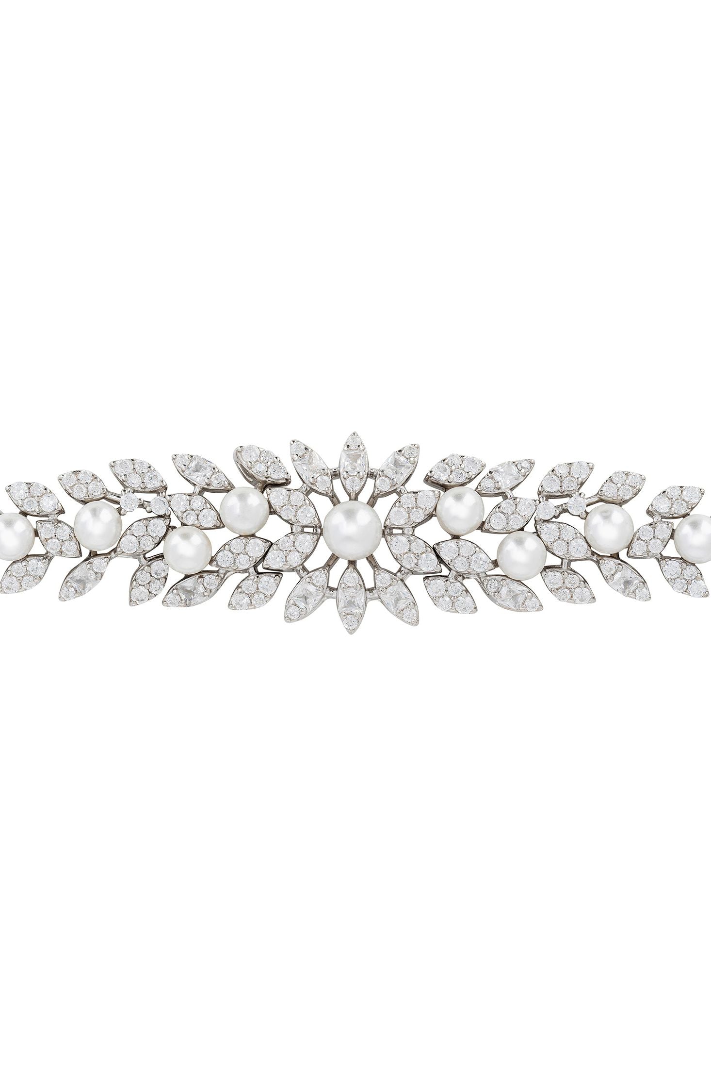 Angled view of Marquise Tennis Bracelet Pearl Silver, showing pearl detailing, silver finish and the jewellery profile.