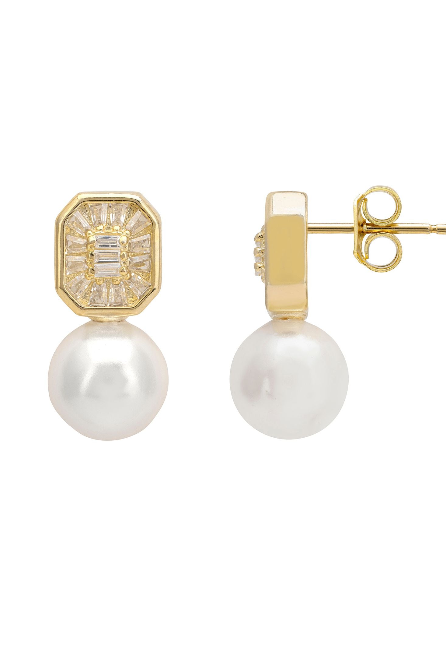 Gold and pearl earrings on a white background