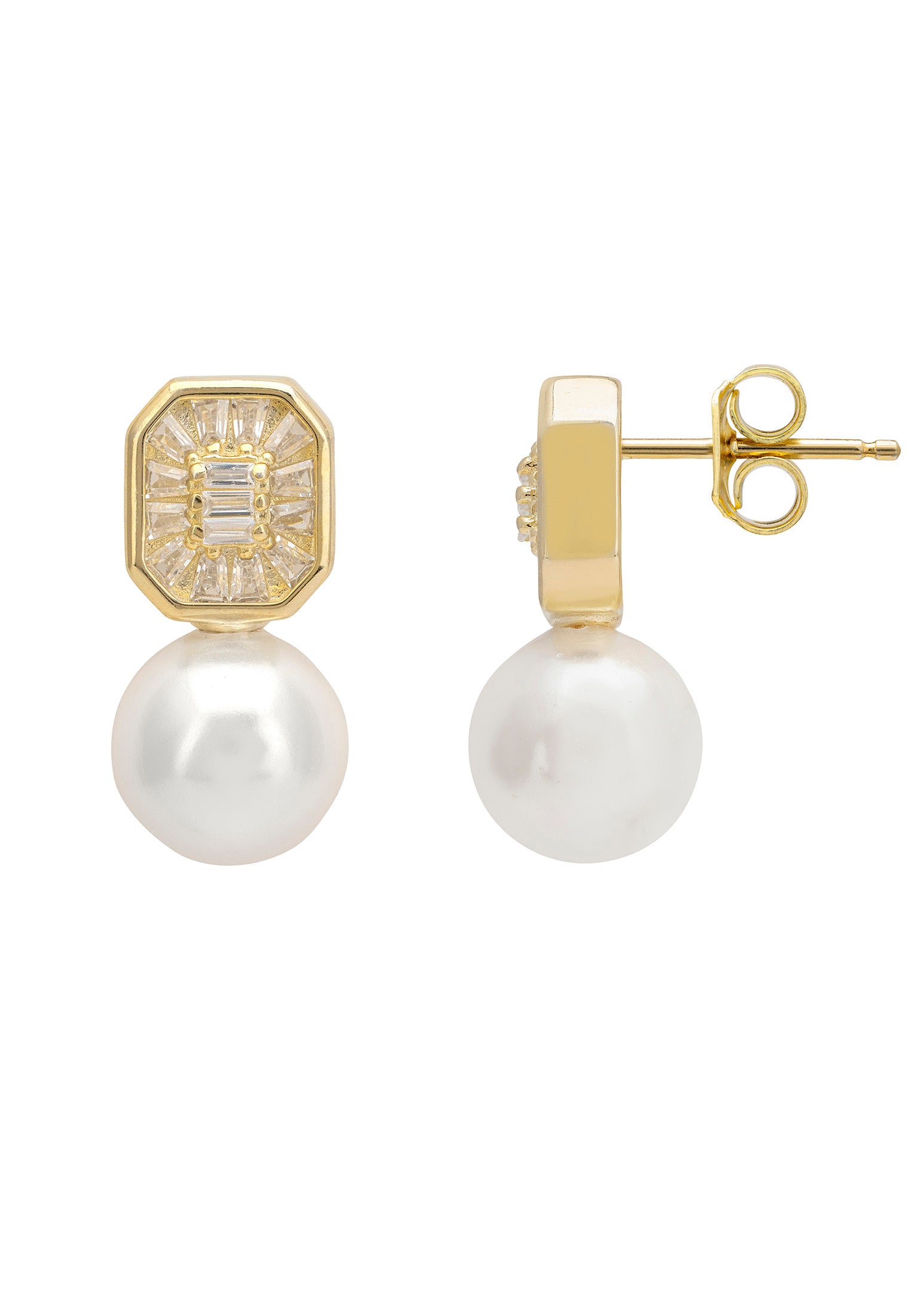 Pearl Rectangular Cz Drop Earrings Gold