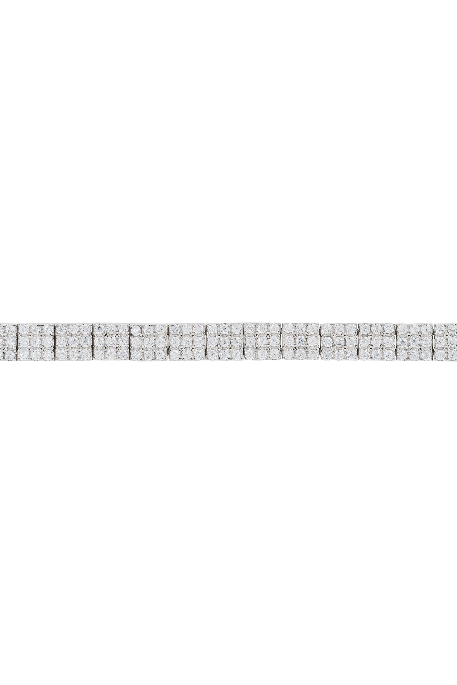 Angled view of Charleston Art Deco Silver Tennis Bracelet, showing silver finish and the jewellery profile.