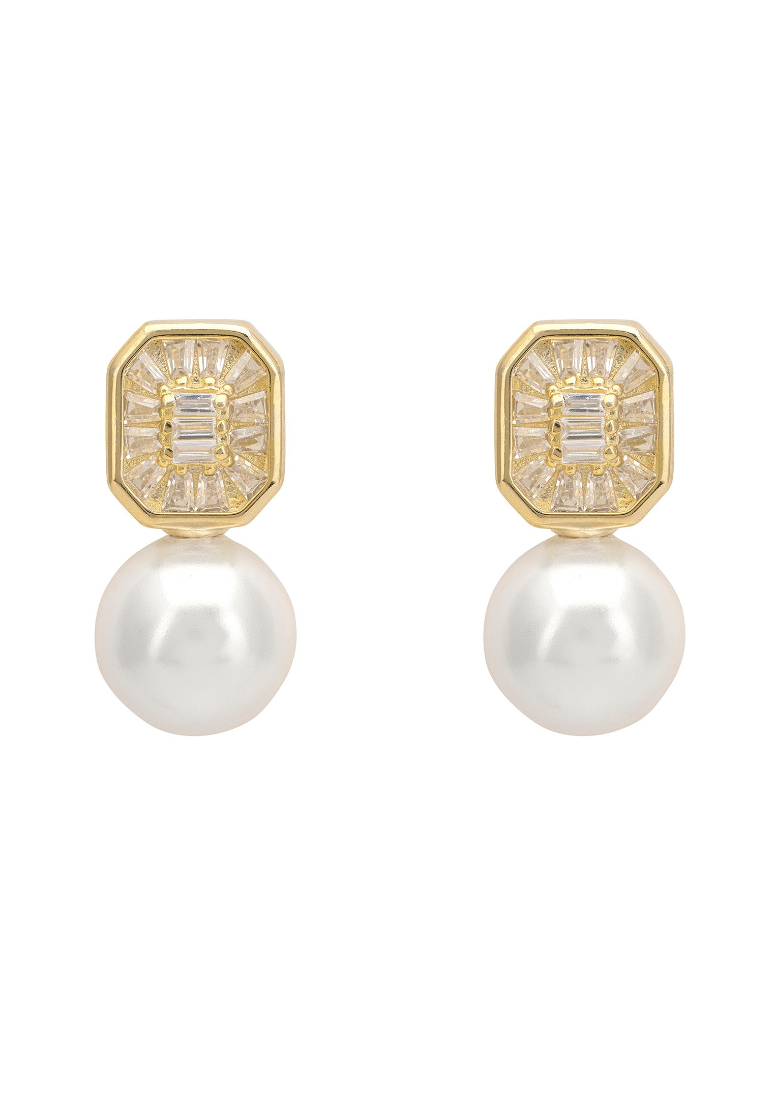 Pearl Rectangular Cz Drop Earrings Gold