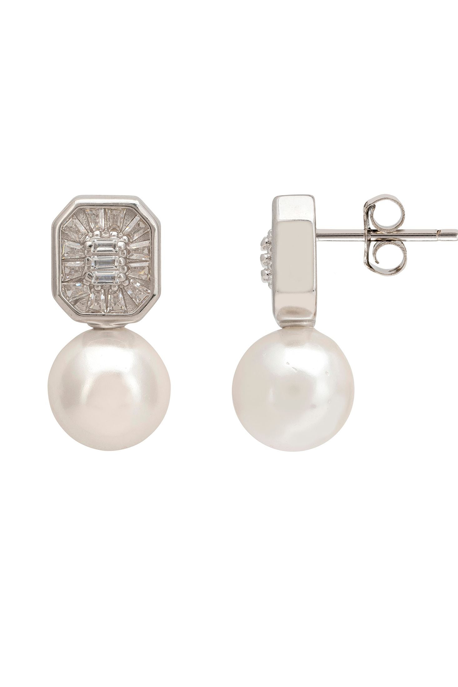 Pearl earrings with silver accents on a white background