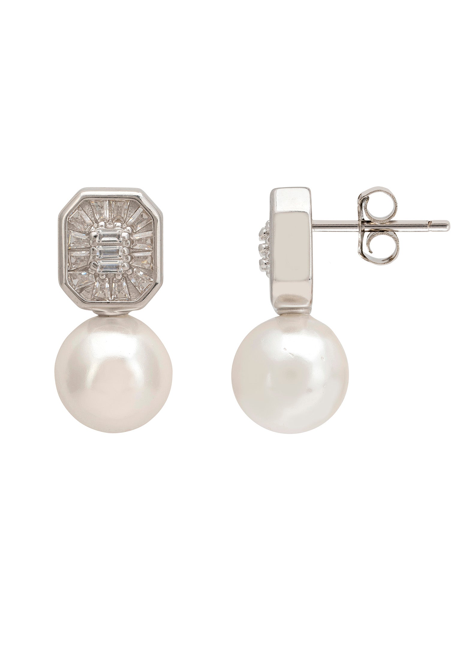 Pearl Rectangular Cz Drop Earrings Silver