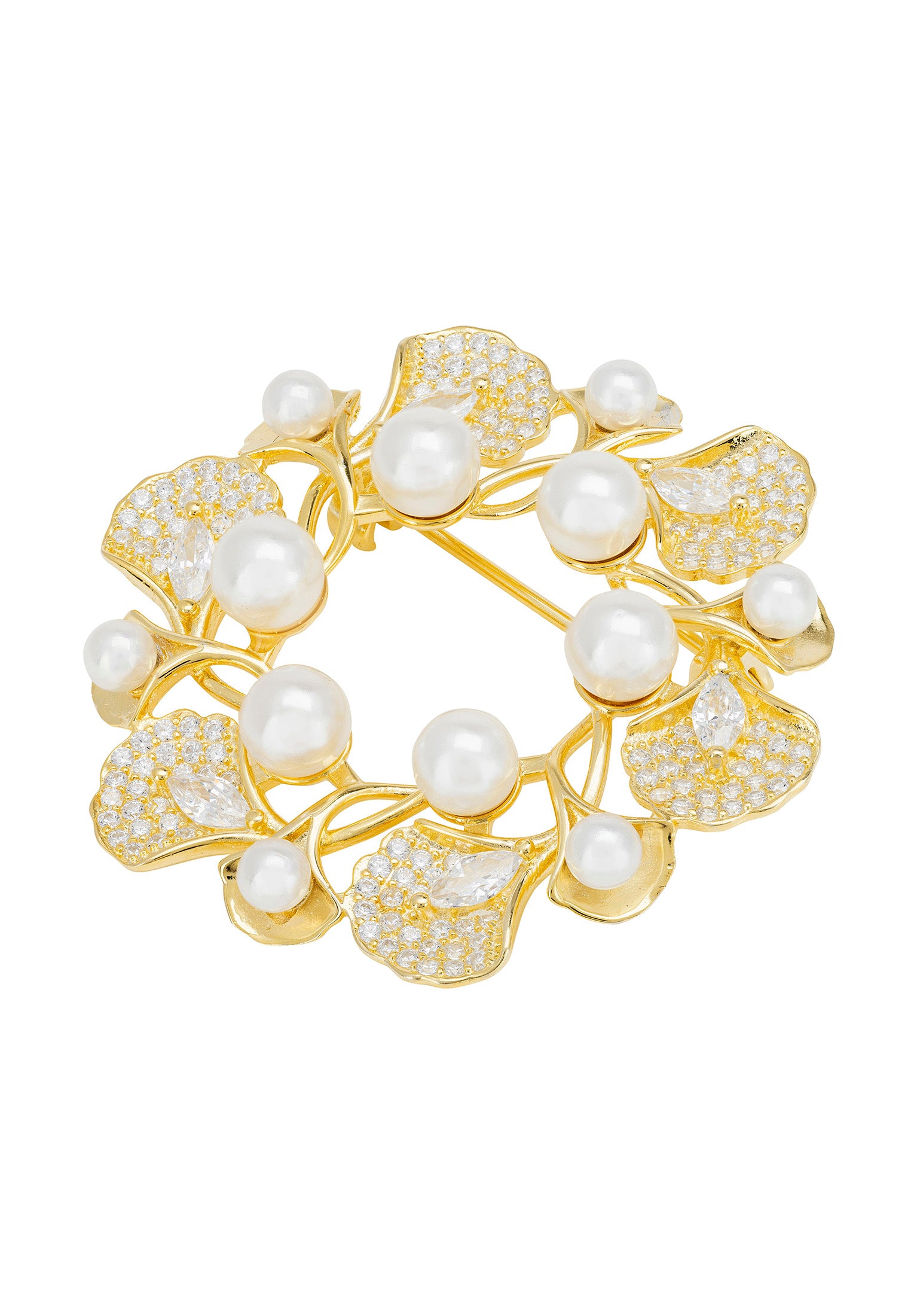 Ginkgo Leaf And Pearl Wreath Brooch Gold