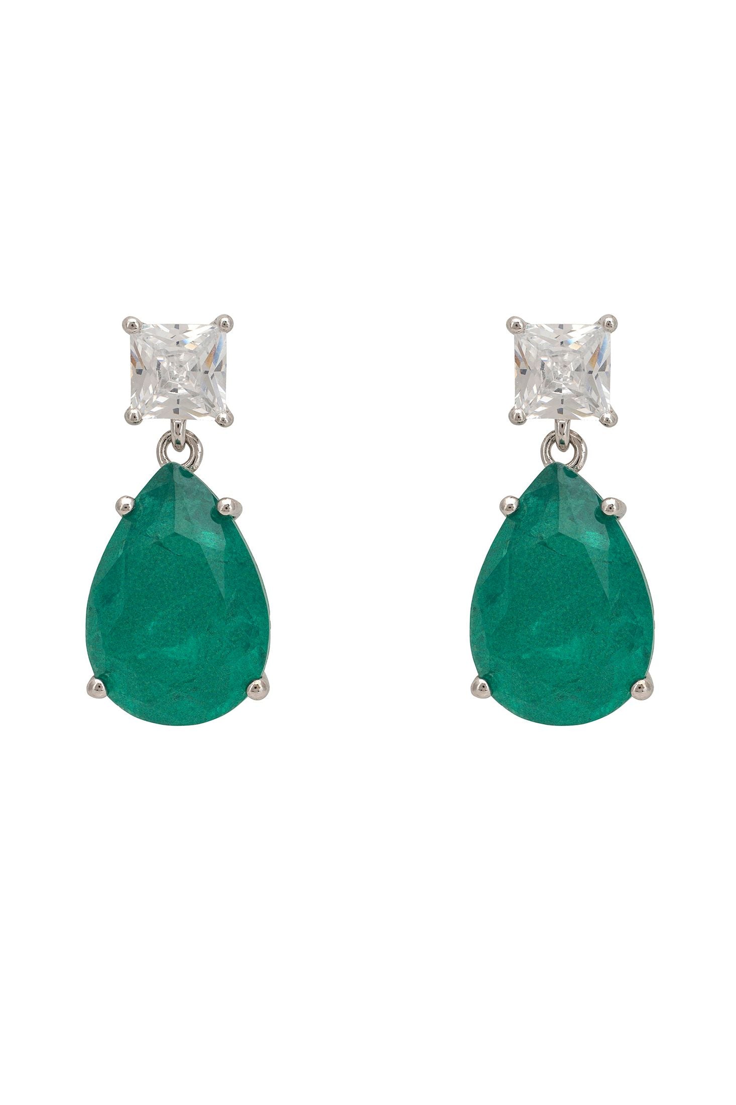 Pair of green and diamond earrings on a white background