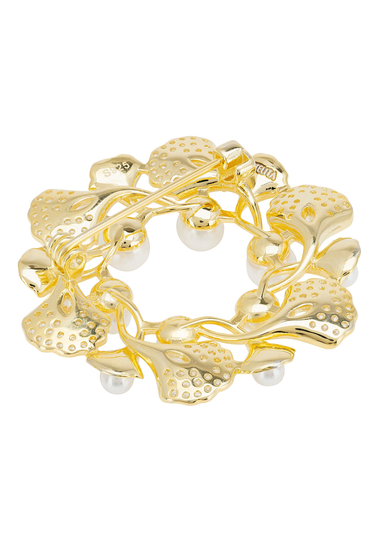Ginkgo Leaf And Pearl Wreath Brooch Gold