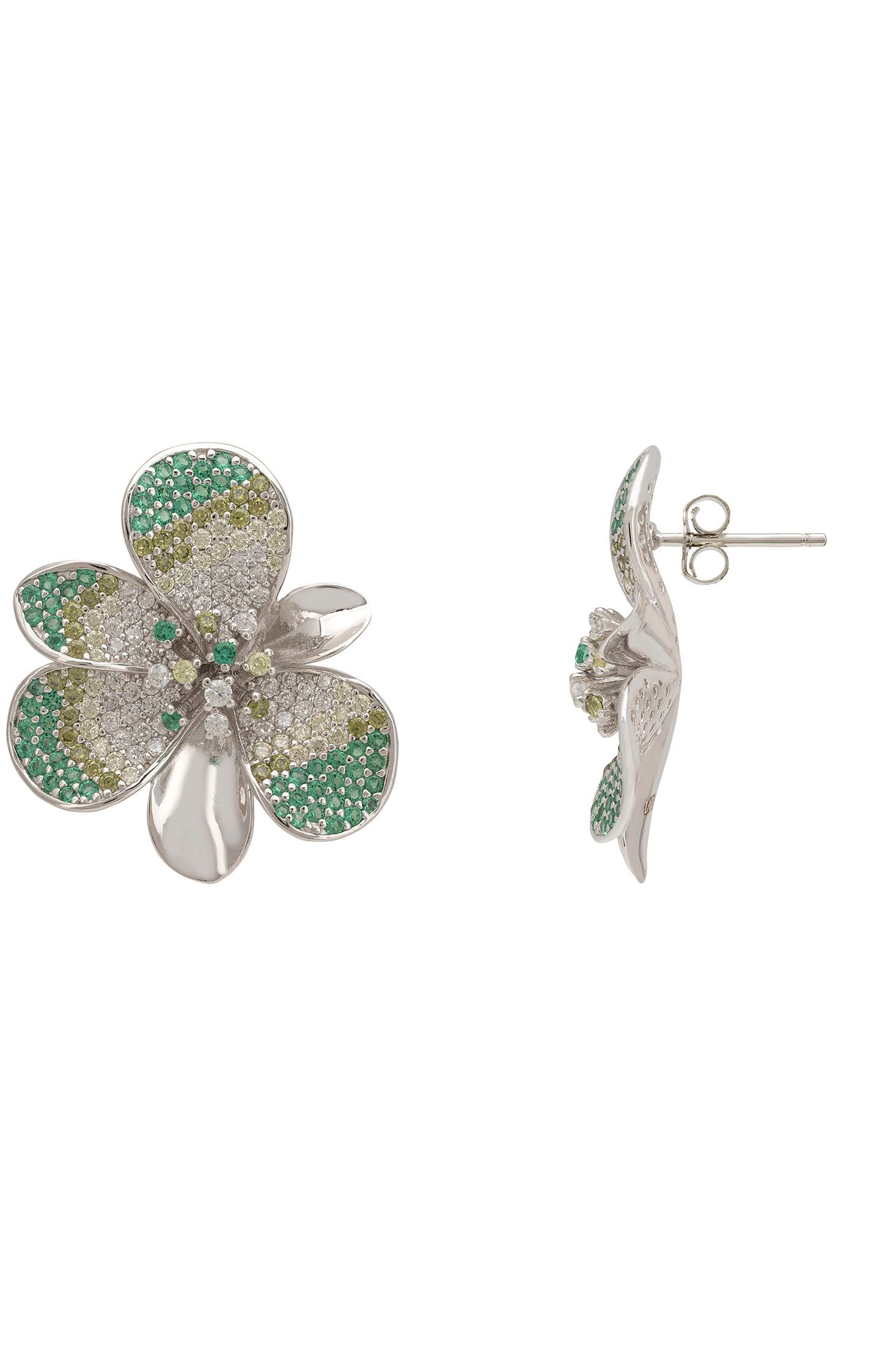 Flower-shaped earrings with green and clear gemstones on a white background