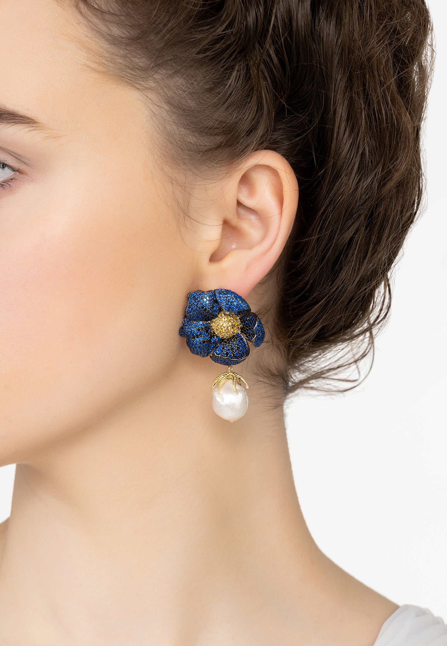 Poppy Flower Baroque Pearl Earrings Sapphire Blue Gold
