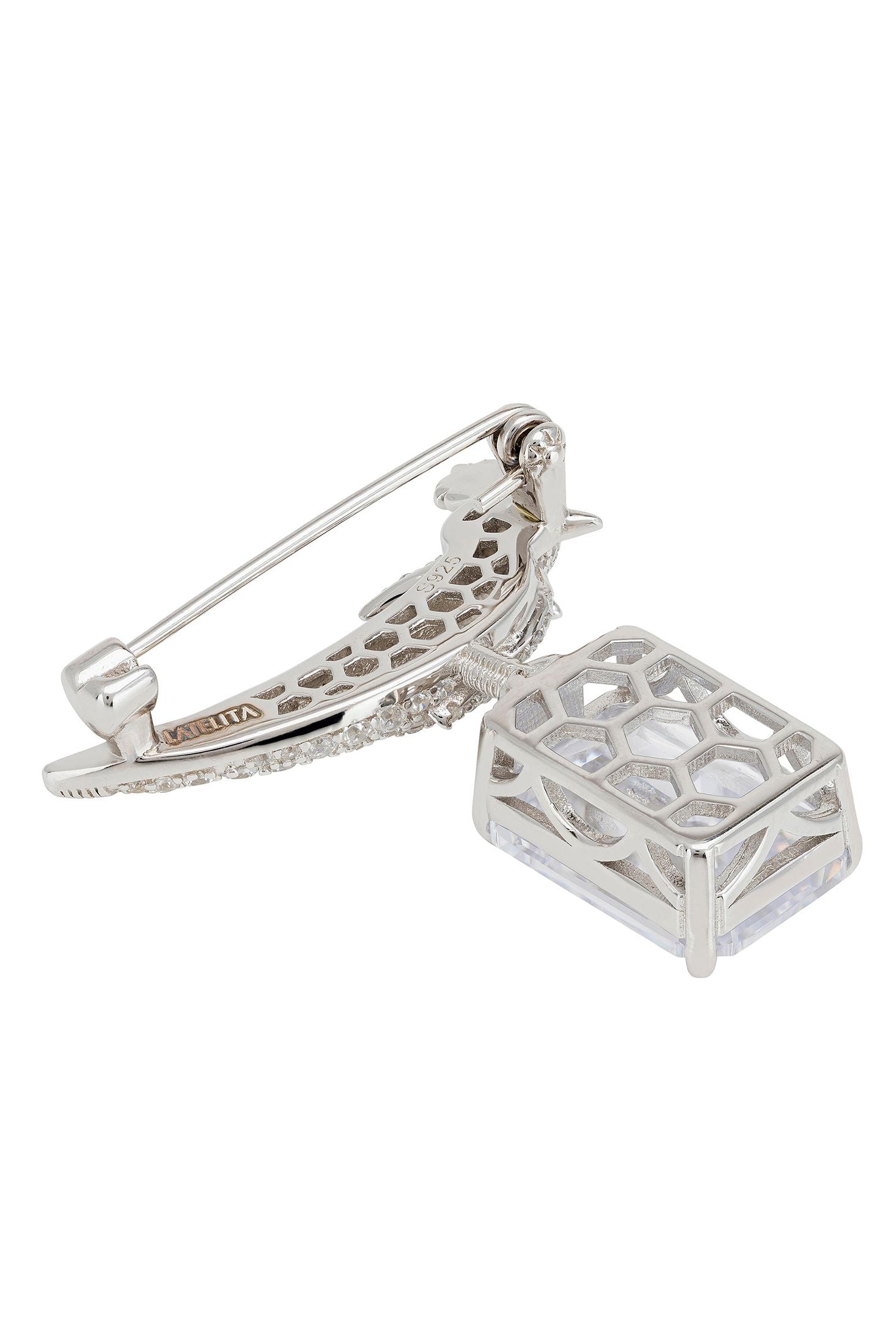 Angled view of Crested Love Bird Brooch Silver Moissanite, showing bird design, silver finish and the jewellery profile.