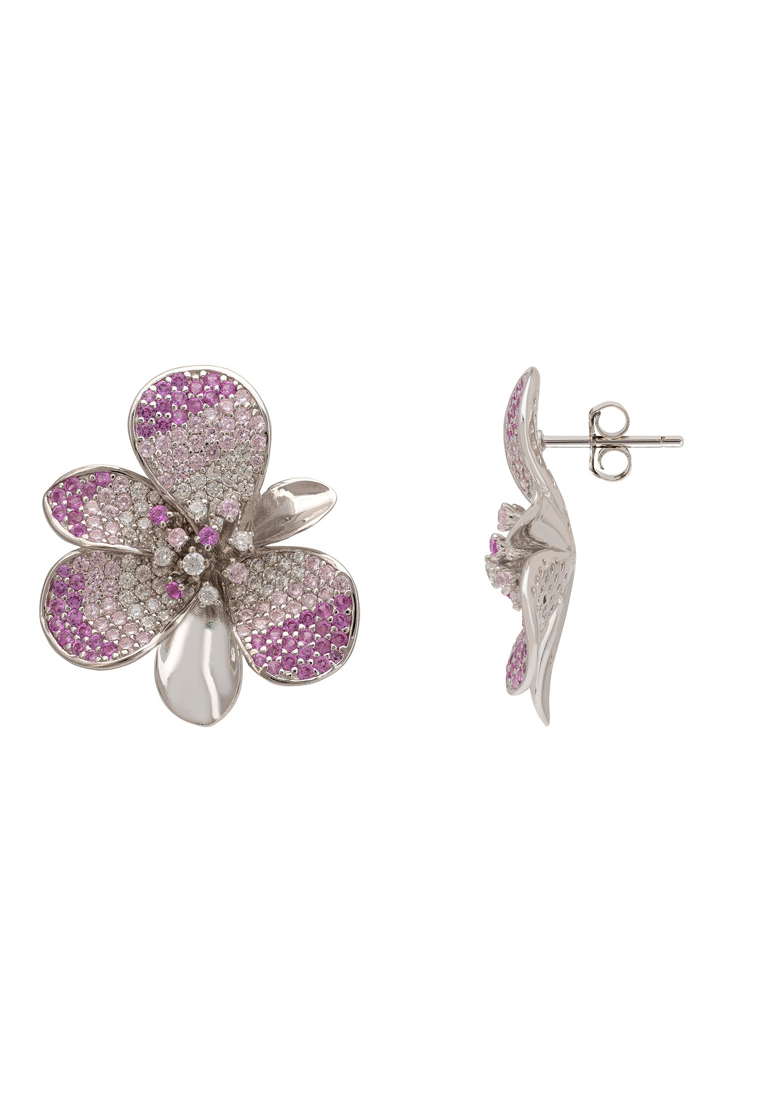 Gardenia Flower Large Stud Earrings Silver Pinks