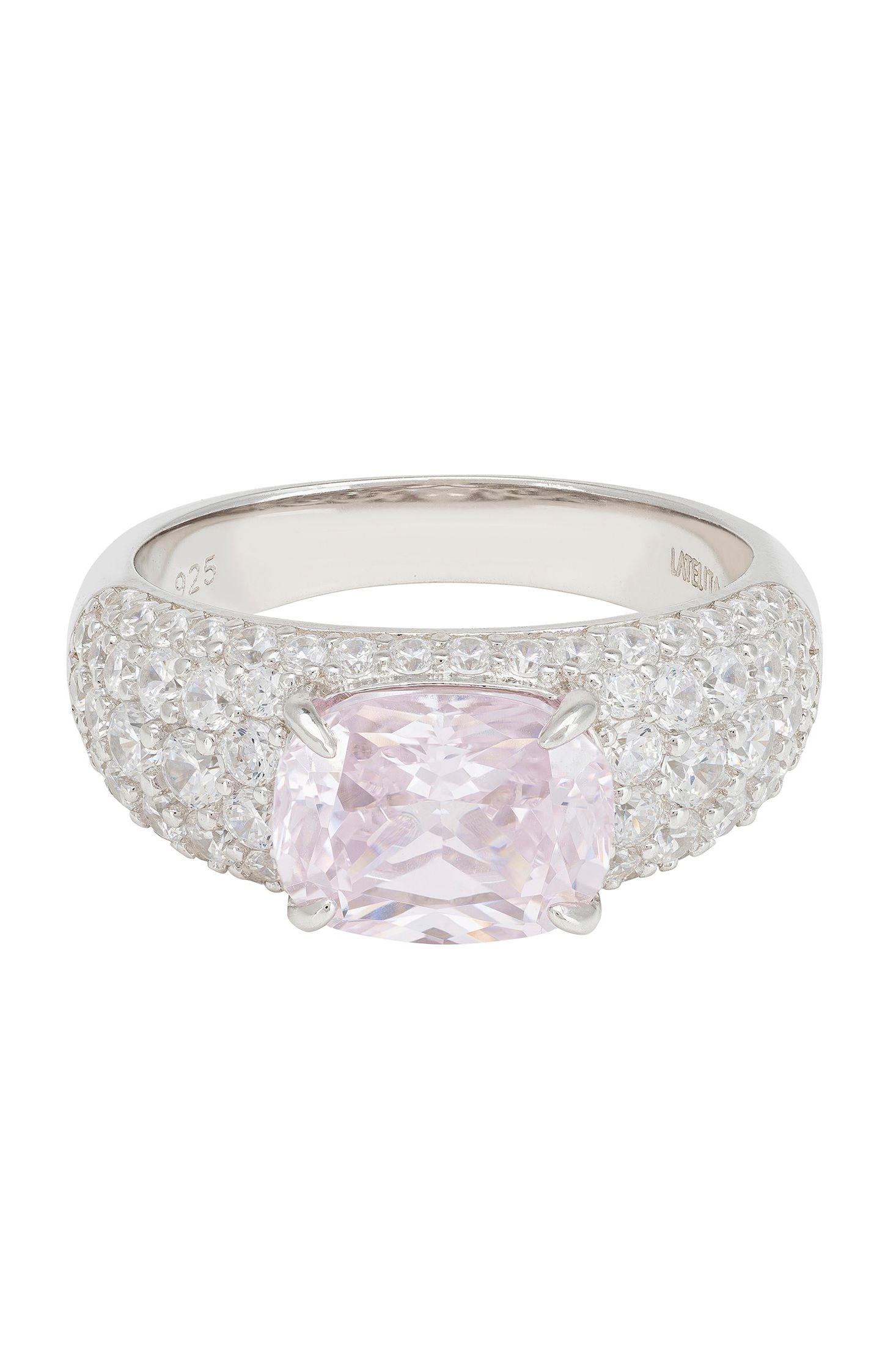 Angled view of Rosalie Cocktail Ring Morganite Silver, showing silver finish and the jewellery profile.