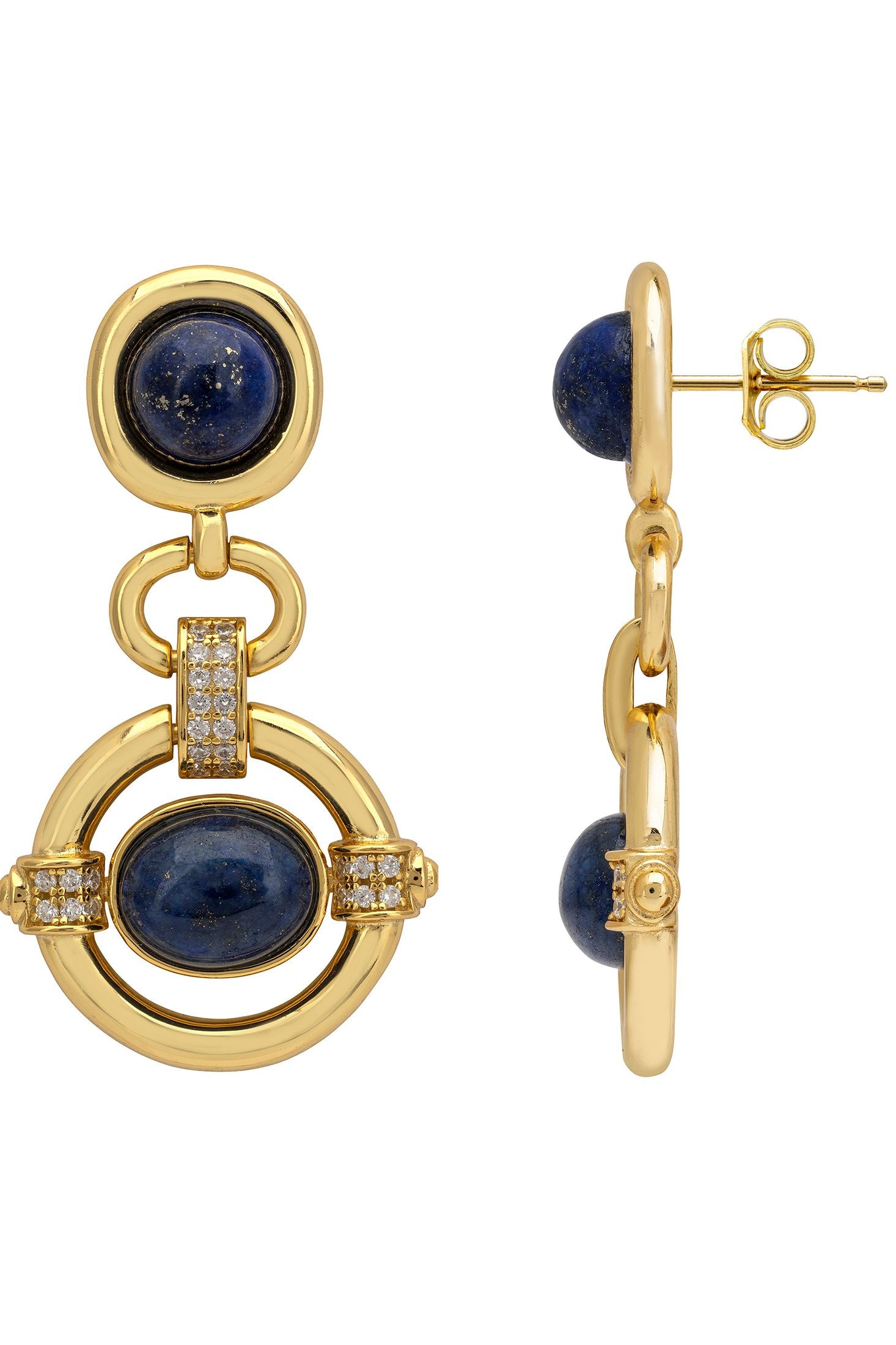 Gold earrings with blue stones on a white background